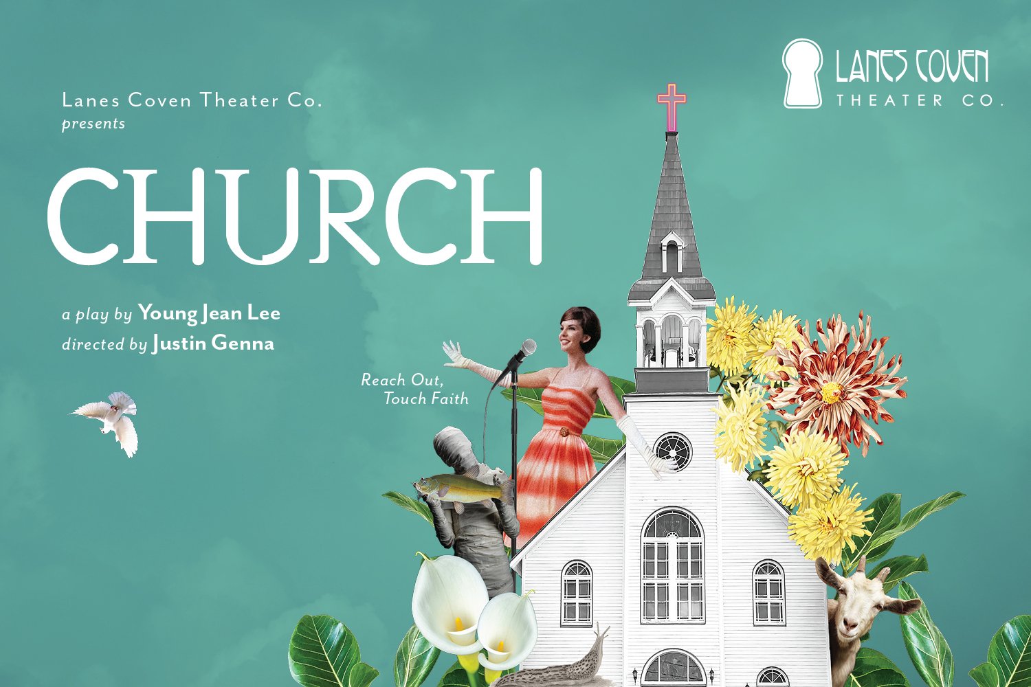 A collage of images surrounding a church - including a woman singing, a mummy, flowers. White text reading "Church a play by Young Jean Lee"