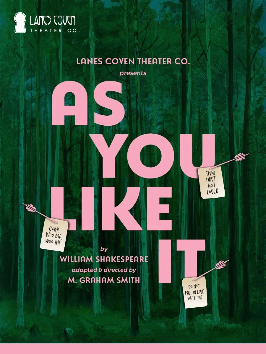 poster presenting the text "As You Like It by William Shakespeare" in pink font over a green forest