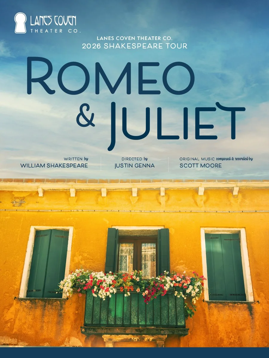 poster for "Romeo & Juliet" showing a yellow building, a balcony with flowers and a blue sky