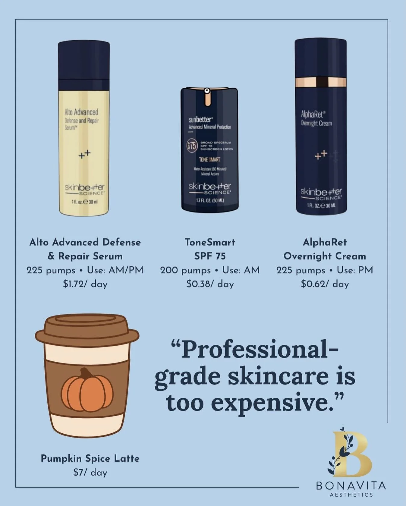 We&rsquo;ll happily spend $7 on a Pumpkin Spice Latte 🎃☕️ &mdash;but hesitate when it comes to investing in our SKIN!

Here&rsquo;s the truth:
🧴 SkinBetter delivers results backed by science.
☕️ A latte delivers comfort that lasts a few hours.

Hea