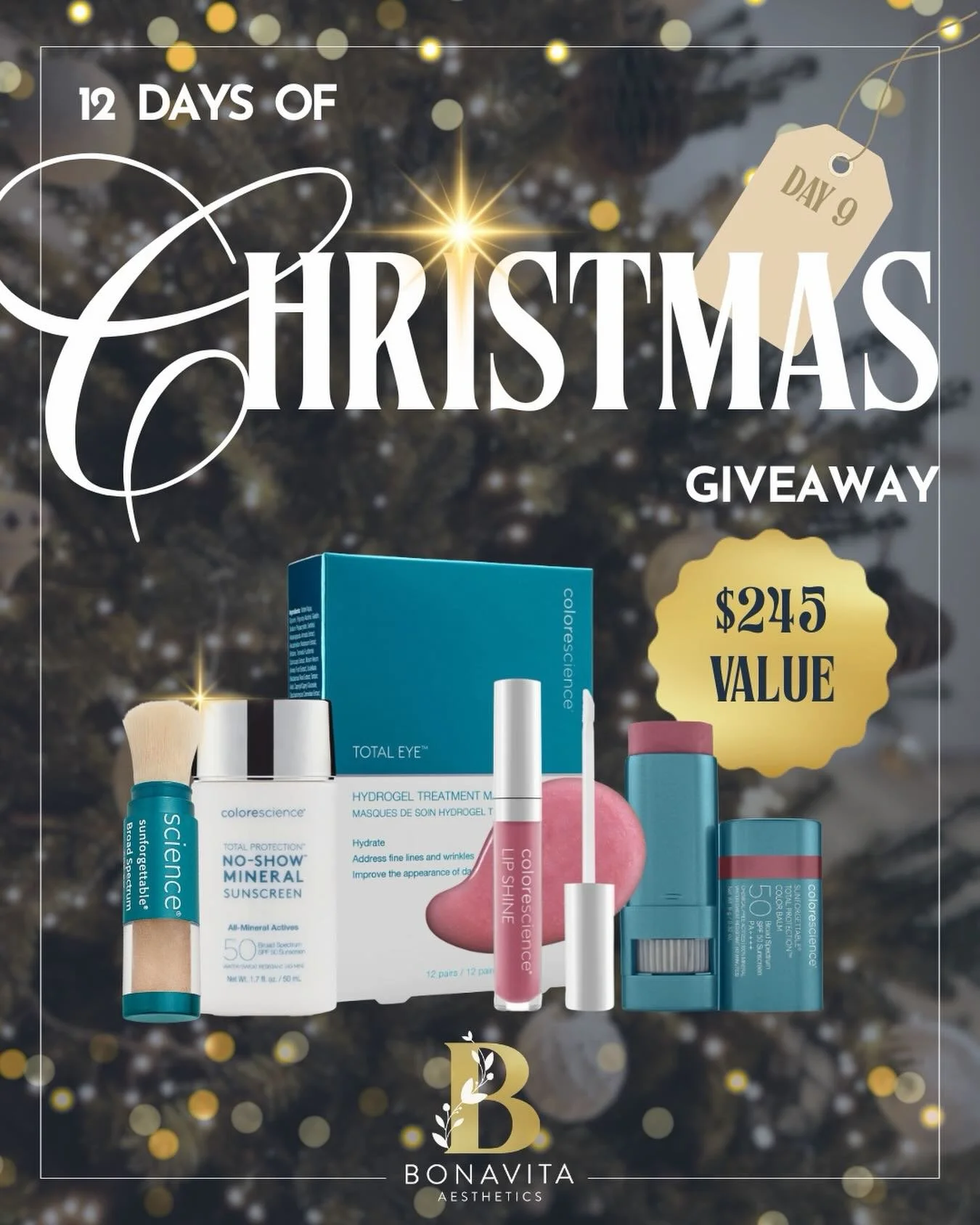 On the NINTH Day of Christmas, BonaVita gave to me&hellip; ✨ Colorescience SPF Makeup Bundle!

Enter for your chance to win $245 worth of @Colorscience products, including:

💋 Colorescience Total No Show SPF
💋 Champagne Peptide Lip Shine
💋 Total P