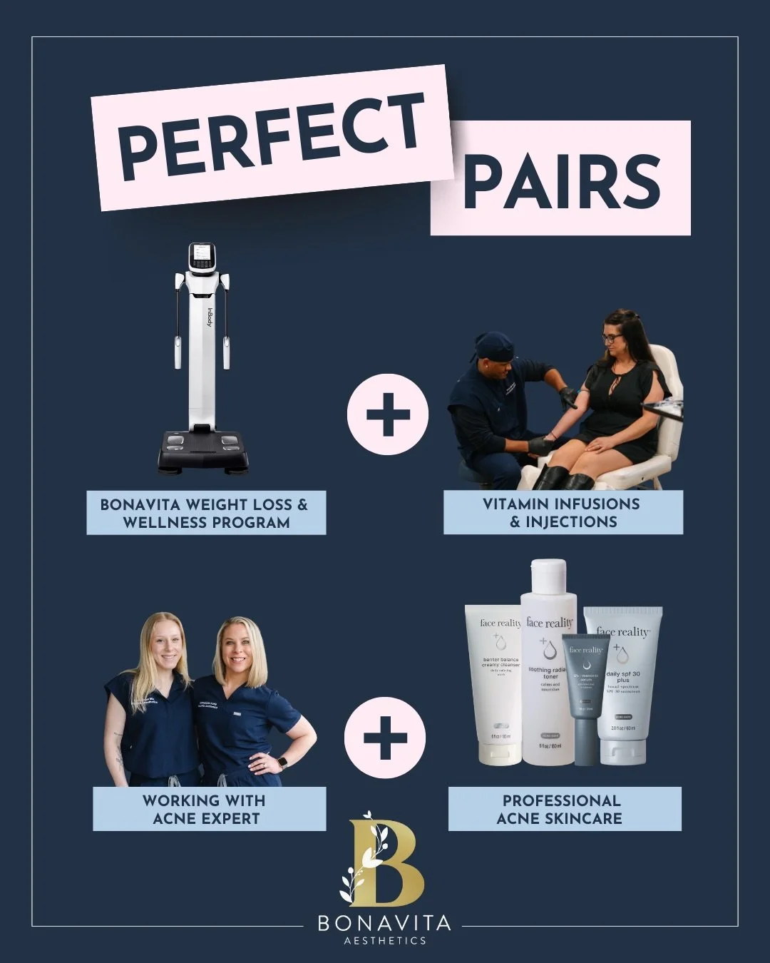 &ldquo;Perfect Pairs&rdquo; isn&rsquo;t just cute marketing &mdash; it&rsquo;s clinical strategy 👩🏼&zwj;⚕️✨

The BEST outcomes happen when we combine:

✔ Metabolic support + IV nutrient therapy ✔ Acne coaching + corrective homecare ✔ Daily SPF + an