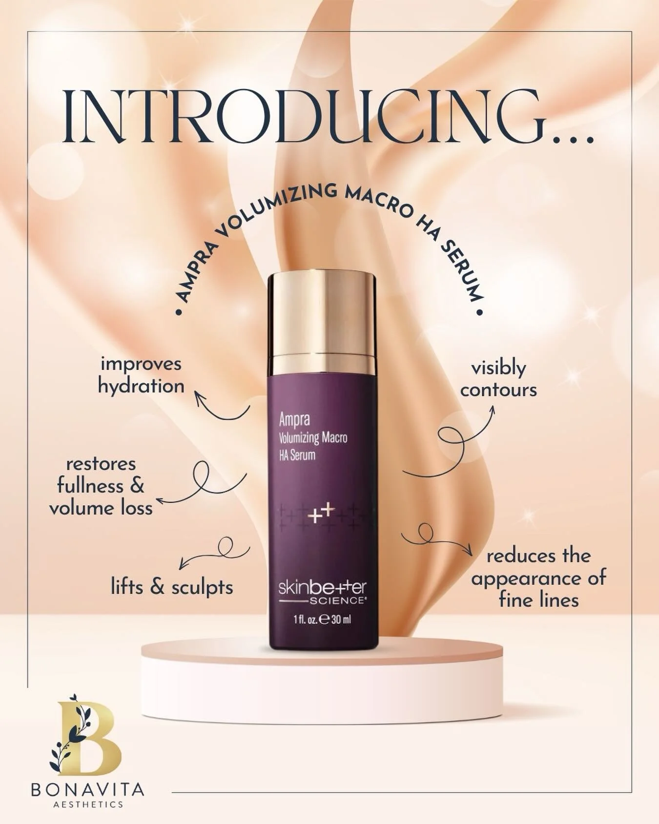 Filler in a bottle is ACTUALLY happening 💉

Meet Ampra Volumizing Macro HA Serum 💦
Ampra by SkinBetter Science is a topical inspired by biostimulatory treatments, created to replicate the look of in-office volumizing procedures-without the needles.