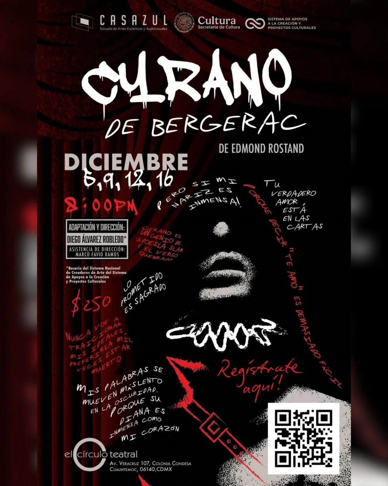 El colectivo @estacion_disritmia , bajo la direcci&oacute;n de nuestro docente Diego &Aacute;lvarez Robledo, te invita al estreno de su nueva obra &ldquo;CYRANO DE BERGERAC&rdquo;.
📅 Funciones:
 5, 9, 12 y 16 de diciembre
 🕗 Viernes &mdash; 20:00 h