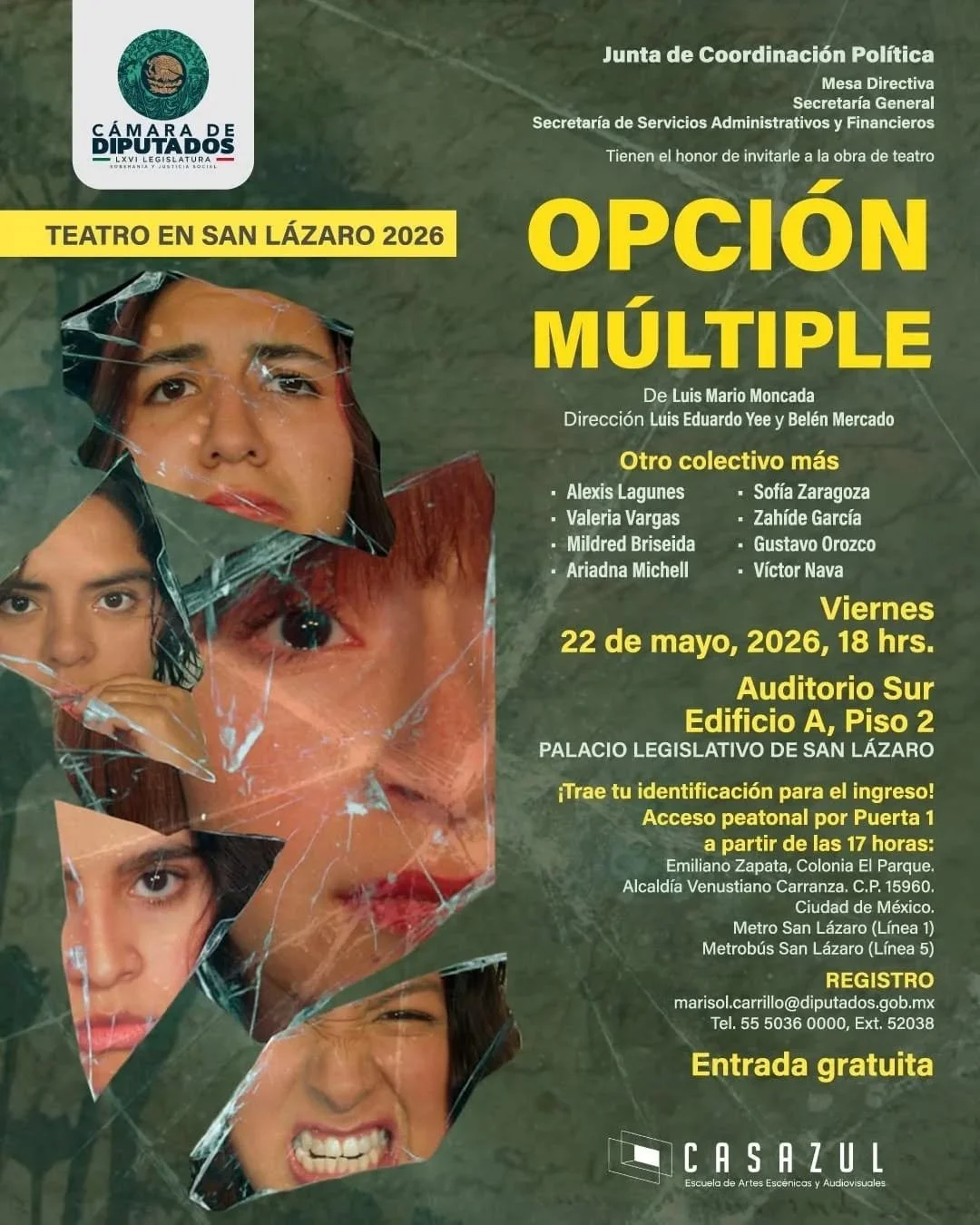 Opci&oacute;n M&uacute;ltiple llega a una funci&oacute;n especial como parte de Teatro en San L&aacute;zaro 2026 en la C&aacute;mara de diputados.

Dirigida por Luis Eduardo Yee y Bel&eacute;n Mercado, esta puesta en escena de Luis Mario Moncada re&u