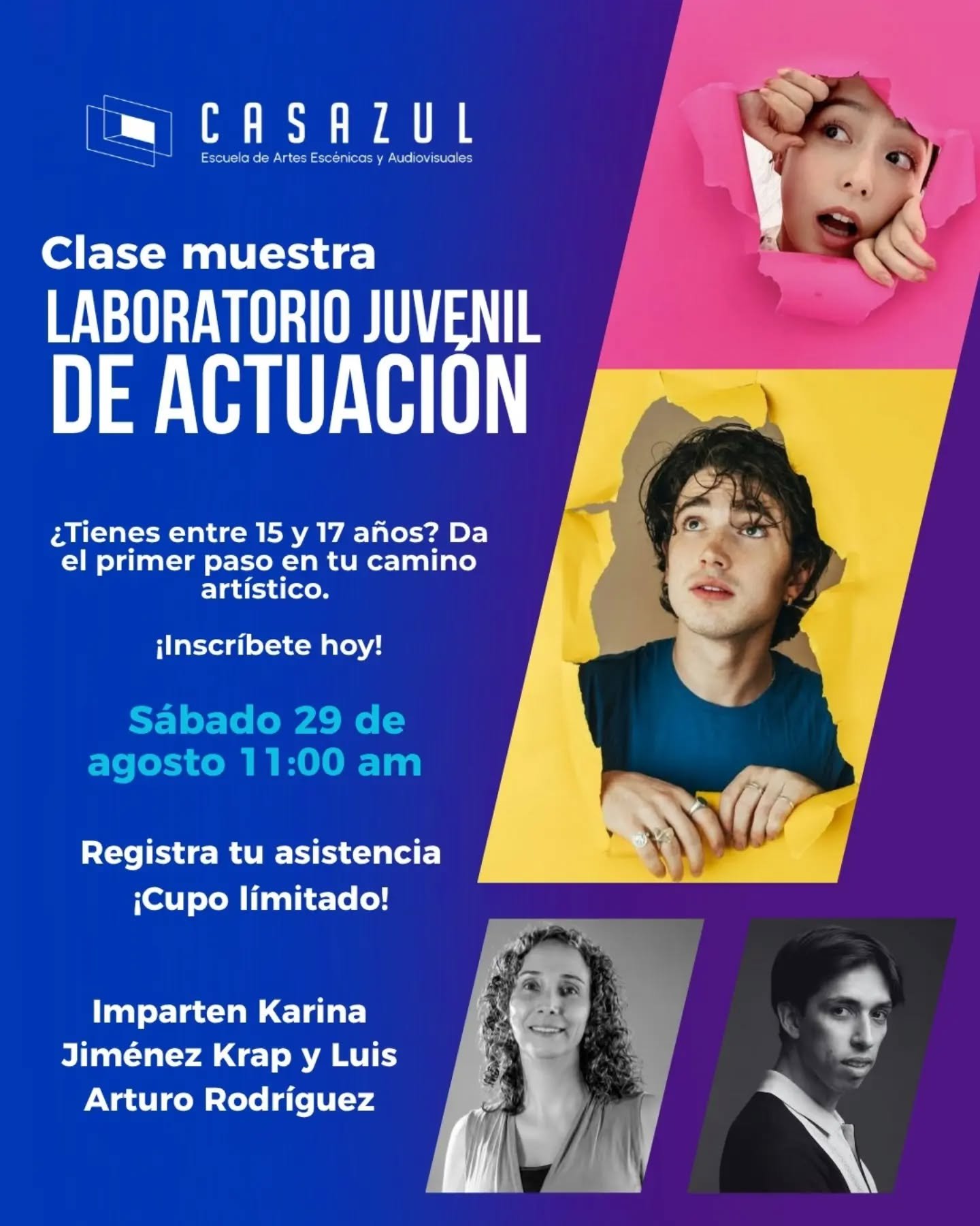 &iquest;Tienes entre 15 y 17 a&ntilde;os y te apasiona actuar, crear personajes y quieres iniciar tu camino art&iacute;stico?
Te invitamos a nuestra Clase Muestra del Laboratorio Juvenil de Actuaci&oacute;n, un espacio para descubrir, explorar y dar 