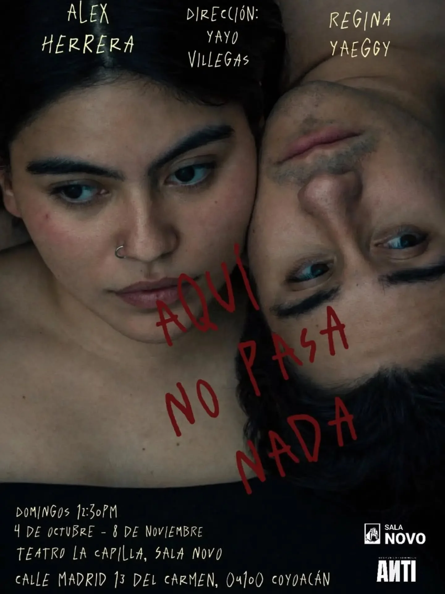 &iexcl;El talento CasAzul sigue brillando en escena!
Nuestra egresada Regina Yaeggy participa en Aqu&iacute; no pasa nada, una puesta en escena que tambi&eacute;n cuenta con su dramaturgia.
📍 La Capilla, Sala Novo
📅 Hasta el 8 de noviembre
🕧 Domin