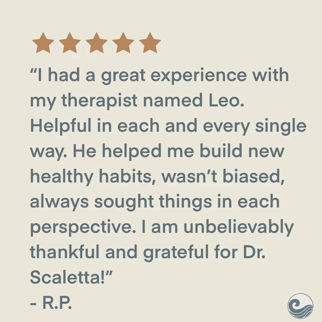 Five-star review praising therapist for positive experience. The text mentions Leo Scaletta's helpfulness, unbiased perspective, and ability to build healthy habits. Signed by R.P. Includes logo at the bottom right.