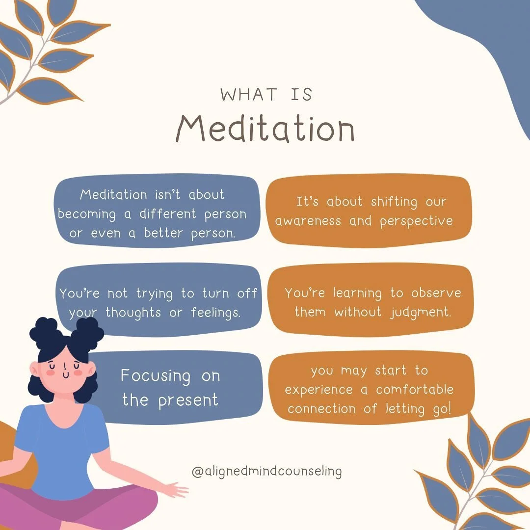 Blog: “What is meditation?”
.
. 
Continue reading the full blog post by clicking the link In my bio 😊 
link: https://alignedmindcounseling.com/blog/what-is-meditation
.
#identity #human #imperfect
#imperfections #copingskills #insight #