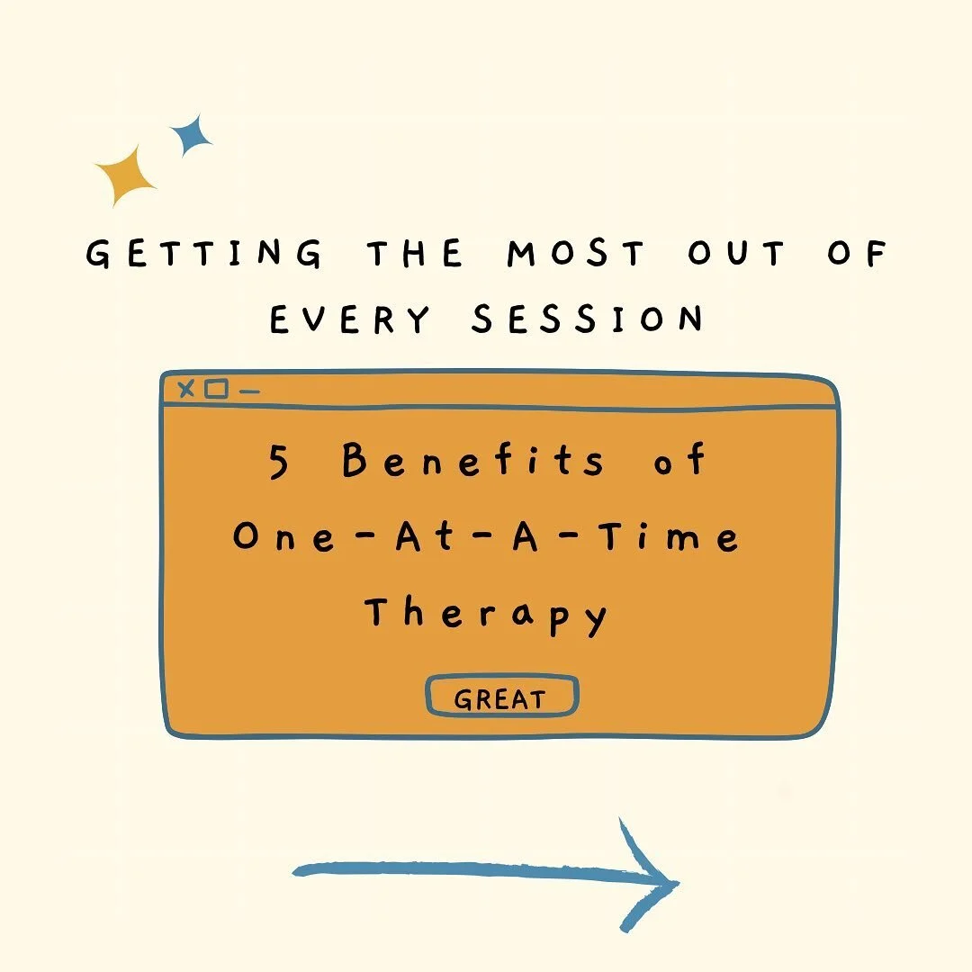 Blog: “Getting The Most Out of Every session: 5 Benefits of One-At-A-Time Therapy”
.
The goal of OAAT is to focus on your greatest worry, challenge or difficulty, and what you want to achieve from the meeting. Our aim is for you to leave