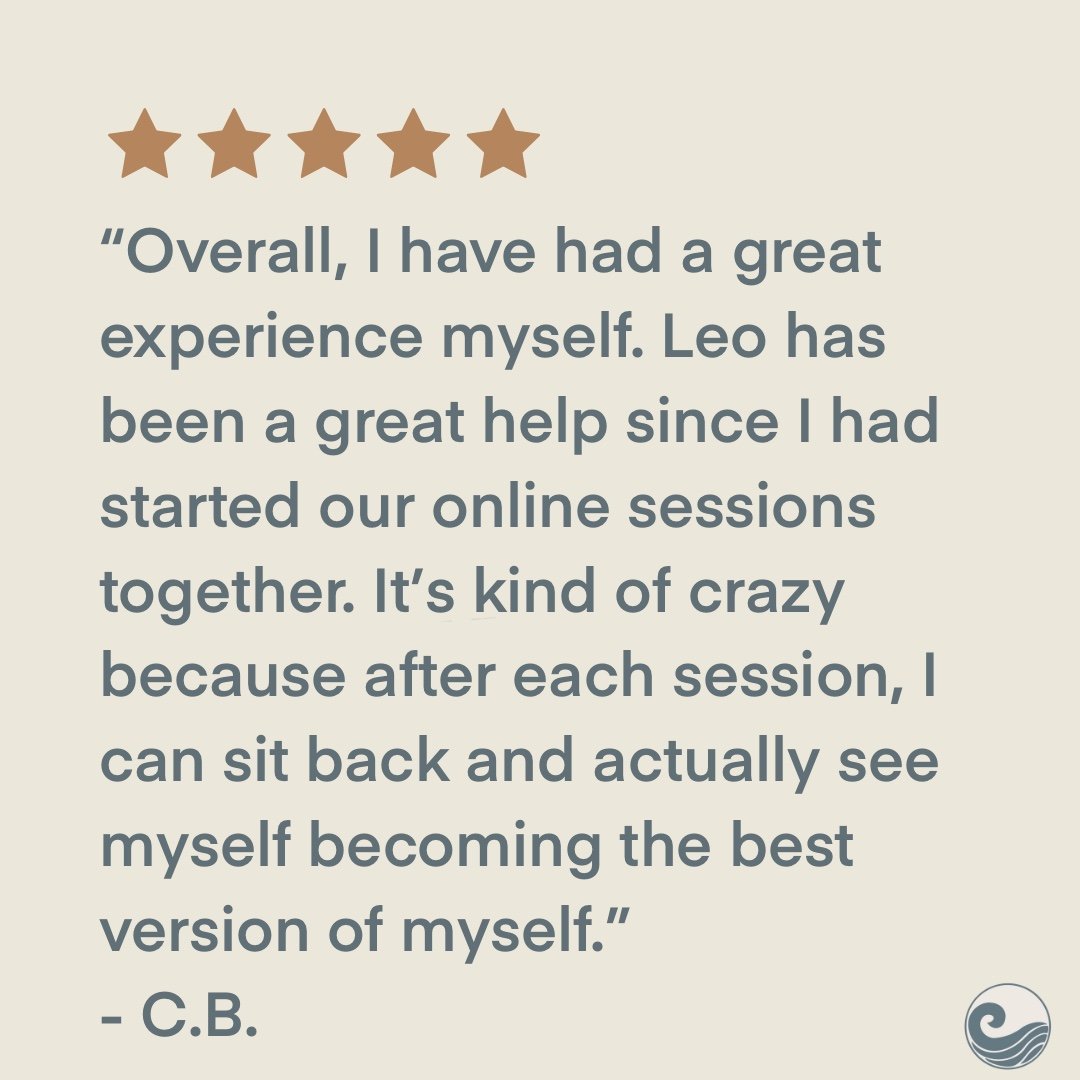 Five-star review mentioning positive experience with Leo in online sessions, quoted from C.B.