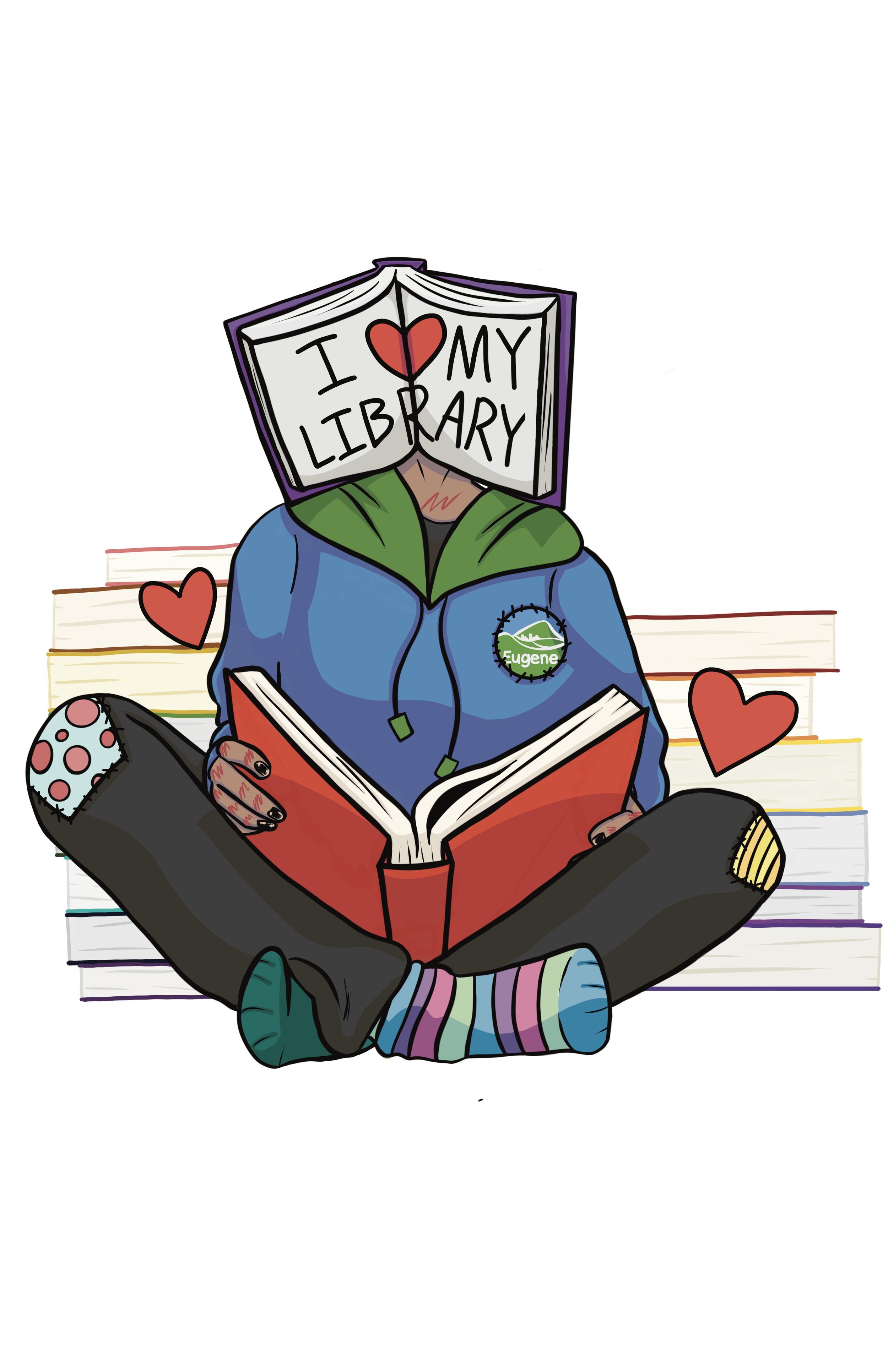 4. Title: Cozy Reading, Description: The library is a safe space for me, I wanted to show it my love with a design of my own. Representing my love for both the library, and books