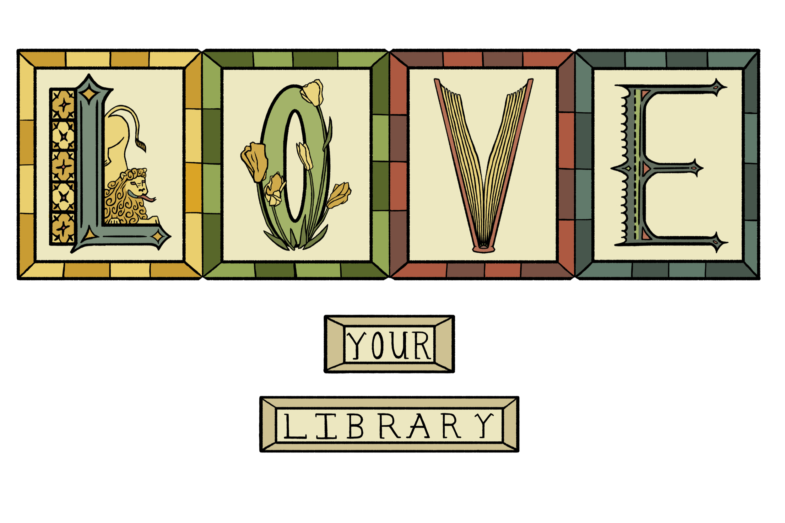 12. Title: Cornerstones, Description: The Eugene Public Library is such an important resource and I wanted to celebrate it by taking inspiration from historical art to illustrate how books and libraries have always, and will always be cornerstones of