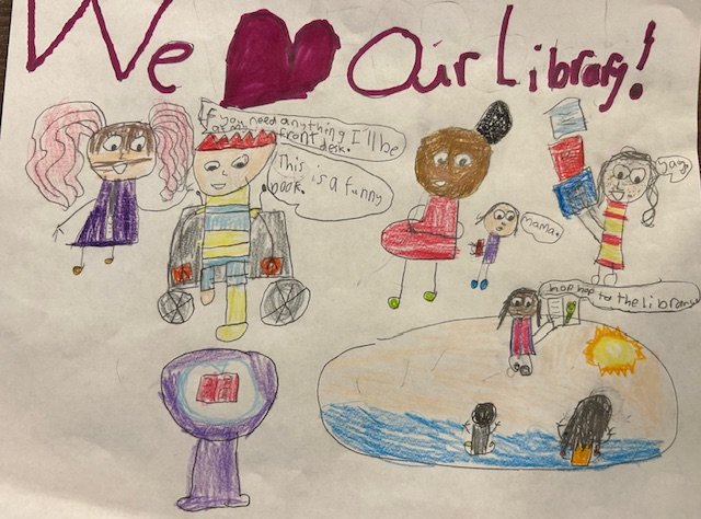 3. Title: Anyone Can Be at the Library, Description: I've been going to the library for story time since I was a baby. Now I like to check out graphic novels. I made my art look like a graphic novel and I wanted to show that everyone is welcome at th