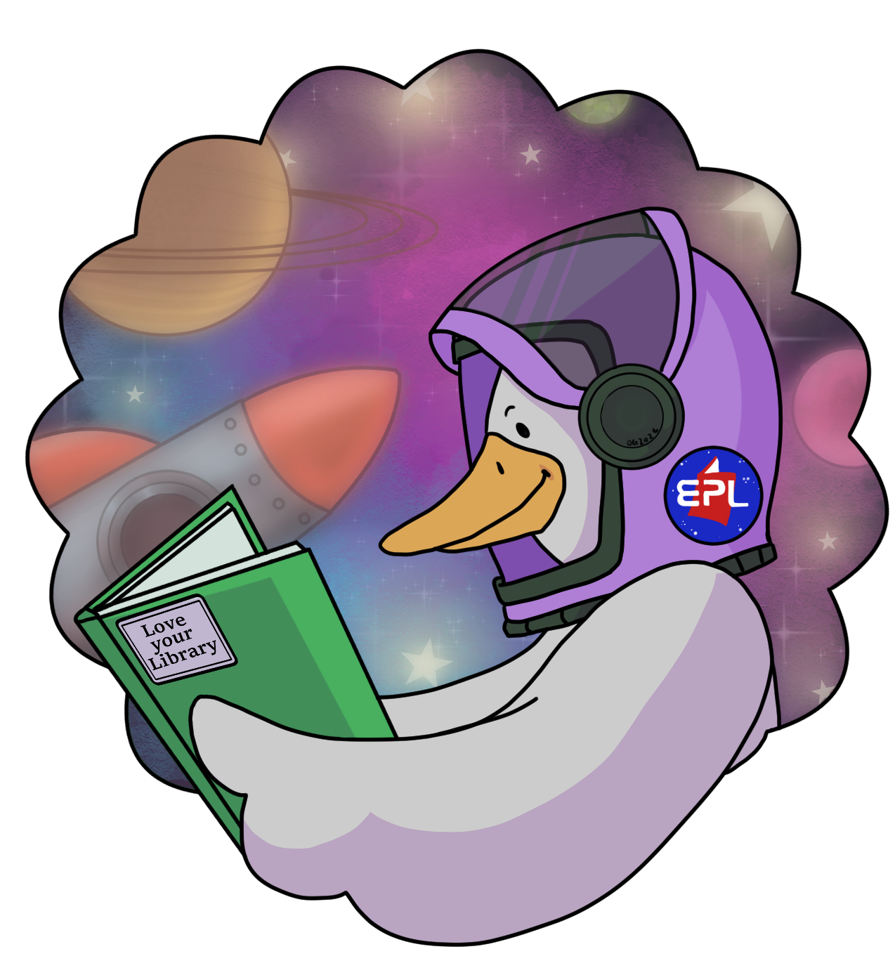 3. Title: Dreamy Duck, Description: I love using the public library for audio books and providing resources for my community. My art is a duckling, wearing a play helmet and reading a book while imagining space. The way books transport us to other wo