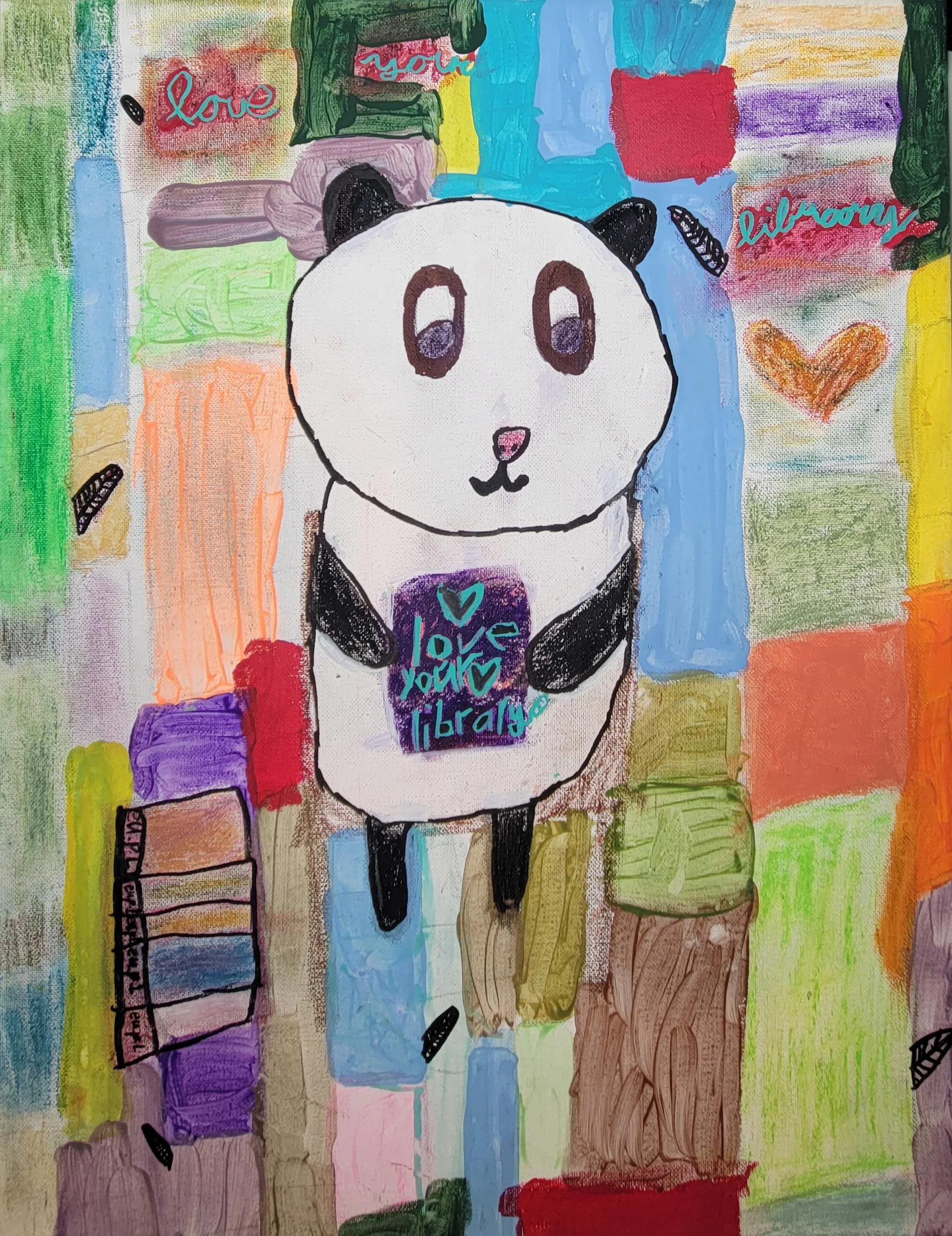 7. Title: Pandas ❤️ Books, Description: I like reading books and I love visiting the library! I drew a panda reading a book because I love pandas too!