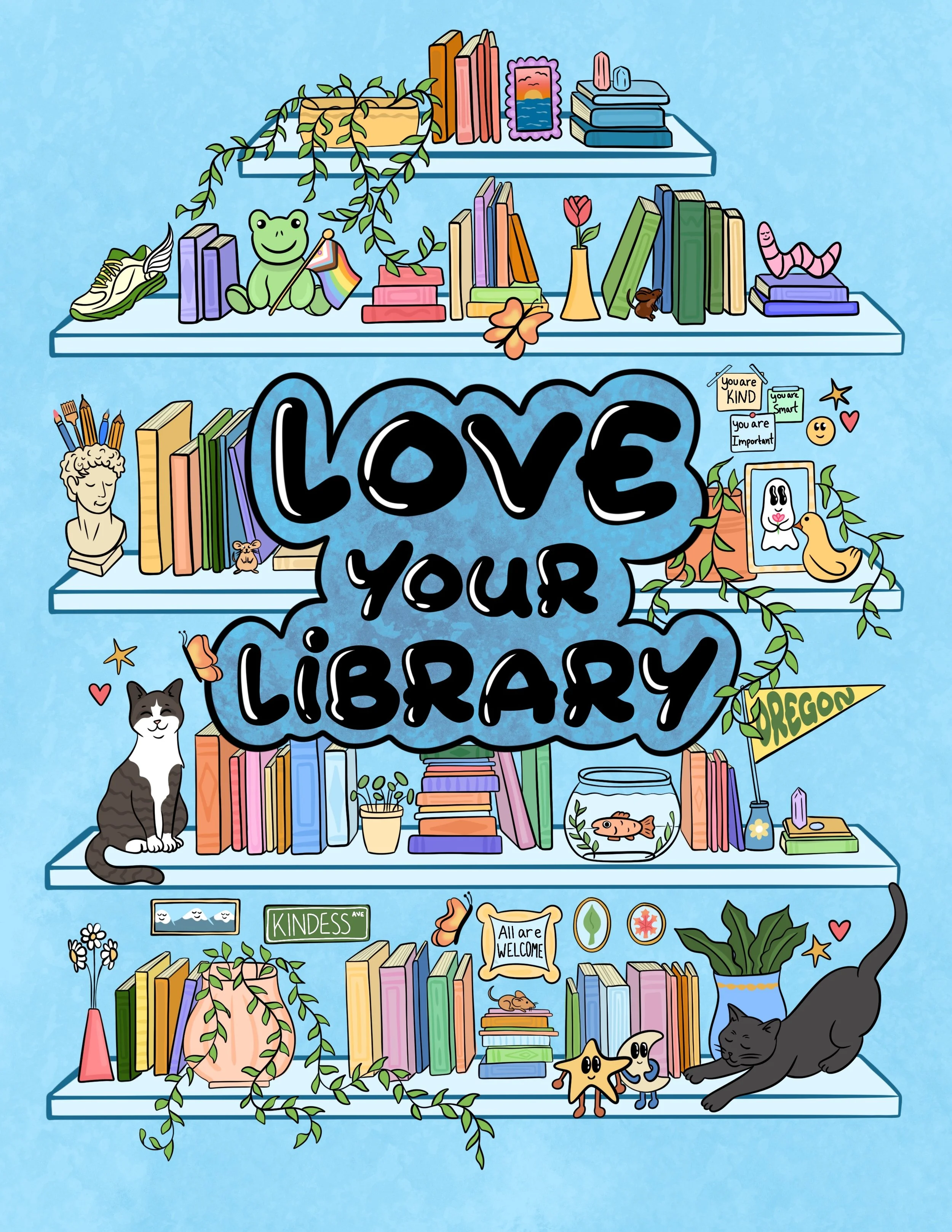 9. Title: Love Your Library, Description: I always remember going to the library with my grandparents and feeling so at home in the building. With this piece I want to share that feeling. These books are passed between us, people of all kinds. Each o