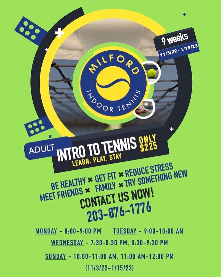 Our 2nd Fall Session for Intro to Tennis begins in November! Come learn a new sport and fall in love with Tennis 🎾 ❤️ 

Call today to reserve your spot. 203-876-1776