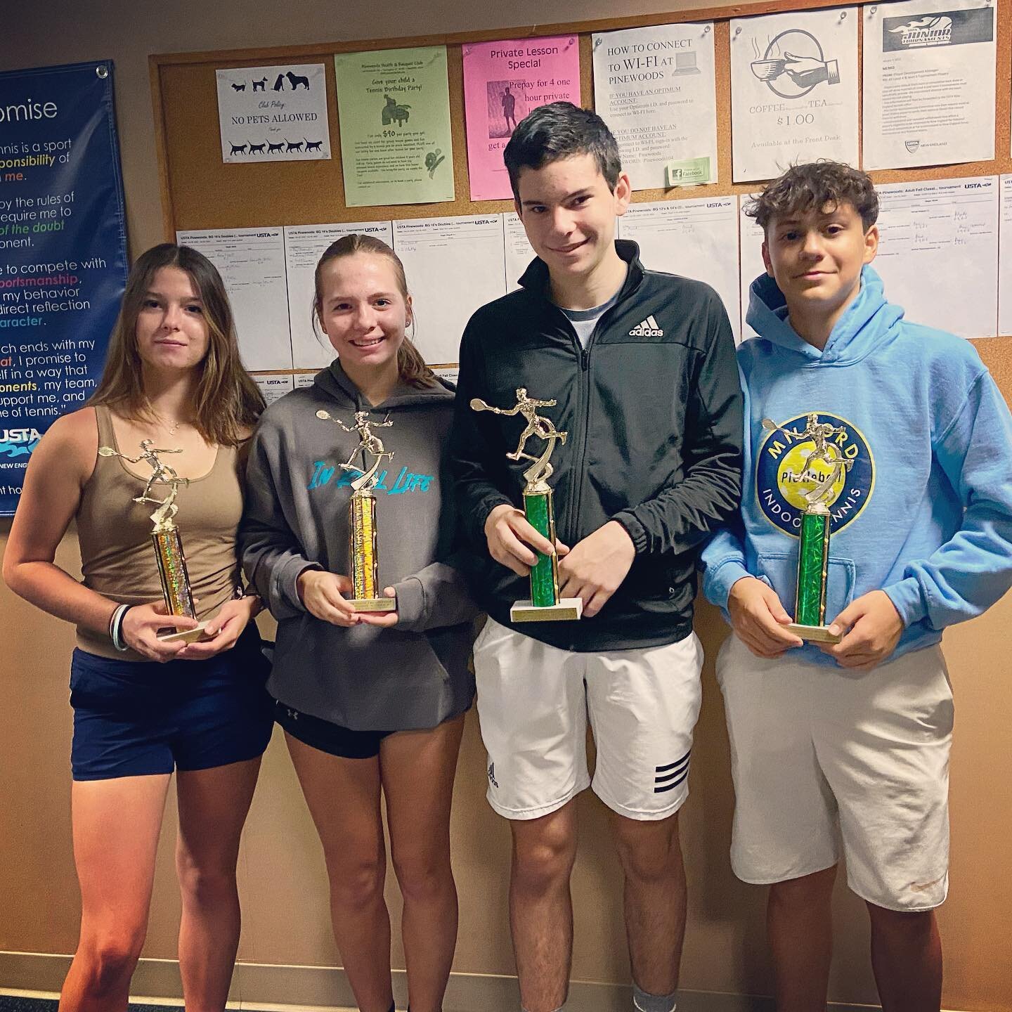 Our players can&rsquo;t stop making us proud!

Last weekend our players won both doubles at the Pinewoods Racquet Club in Torrington, CT

1st photo - 16U: L5 Doubles Champions 🥇 
2nd photo - Michael &amp; Jack 🥇
3rd photo - Elle &amp; Paige Seaver 