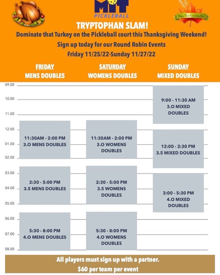 Pickleball Tryptophan Slam! Come join us on the courts Thanksgiving Day Weekend and dominate all that Turkey your gonna eat! Call and sign up with a partner today!!! Mens, Womens and Mixed Events. 203-876-1776

#milfordct #fairfieldcountyct #