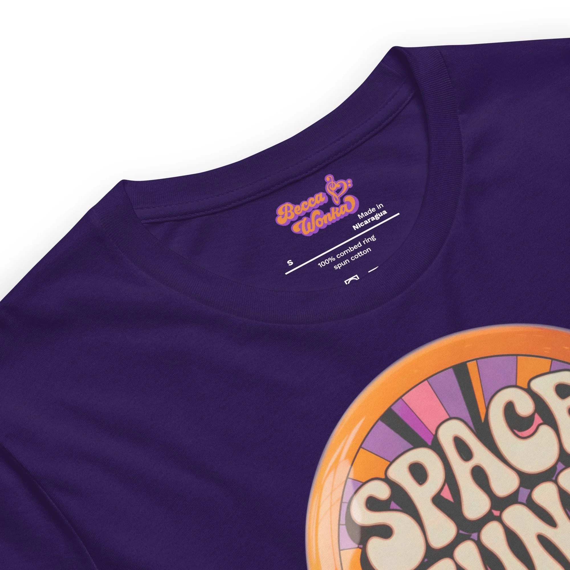 Space Funk by Becca Wonka Purple Cotton T Shirt, cool 70s vintage button design