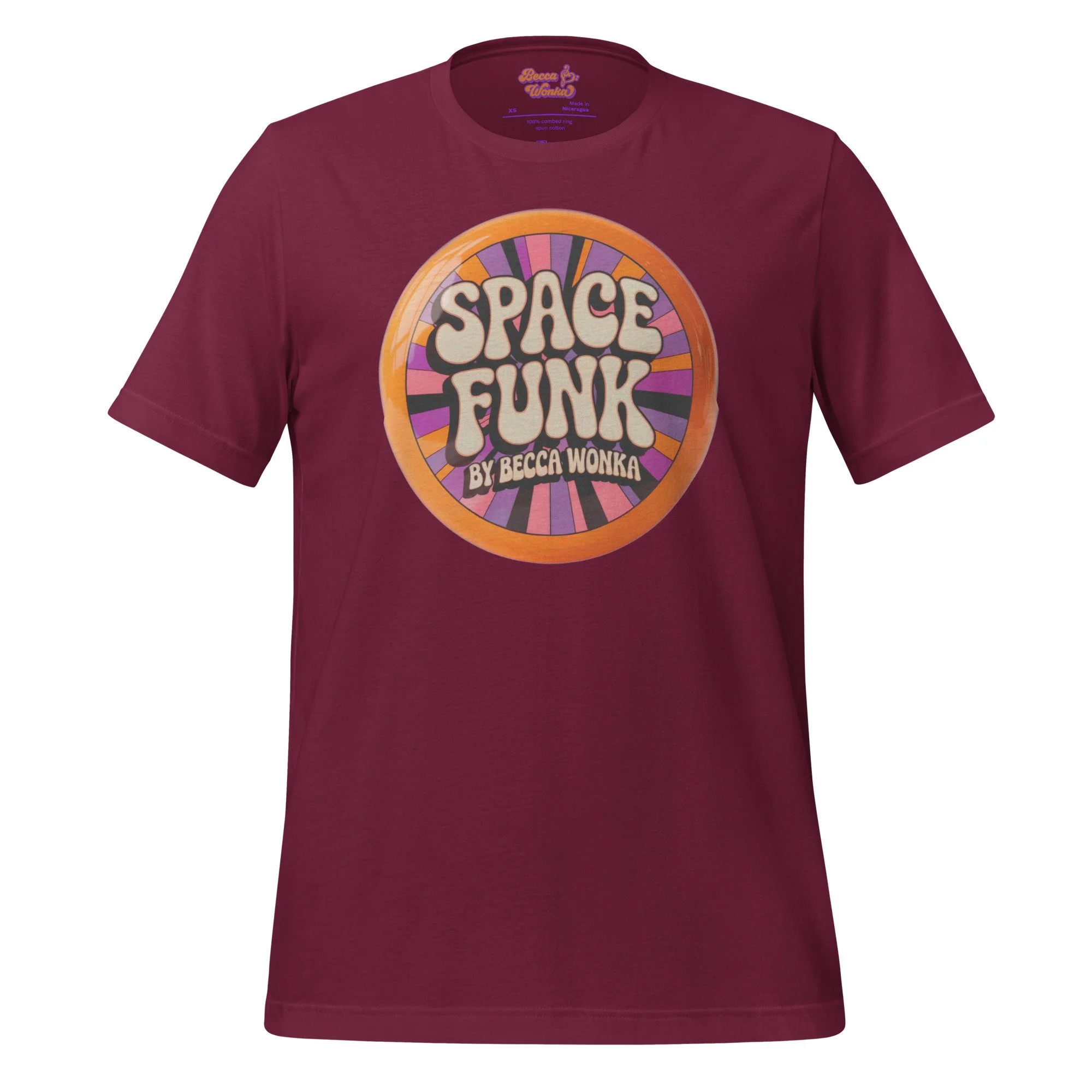 Space Funk by Becca Wonka Marron Cotton T Shirt, cool 70s vintage button design