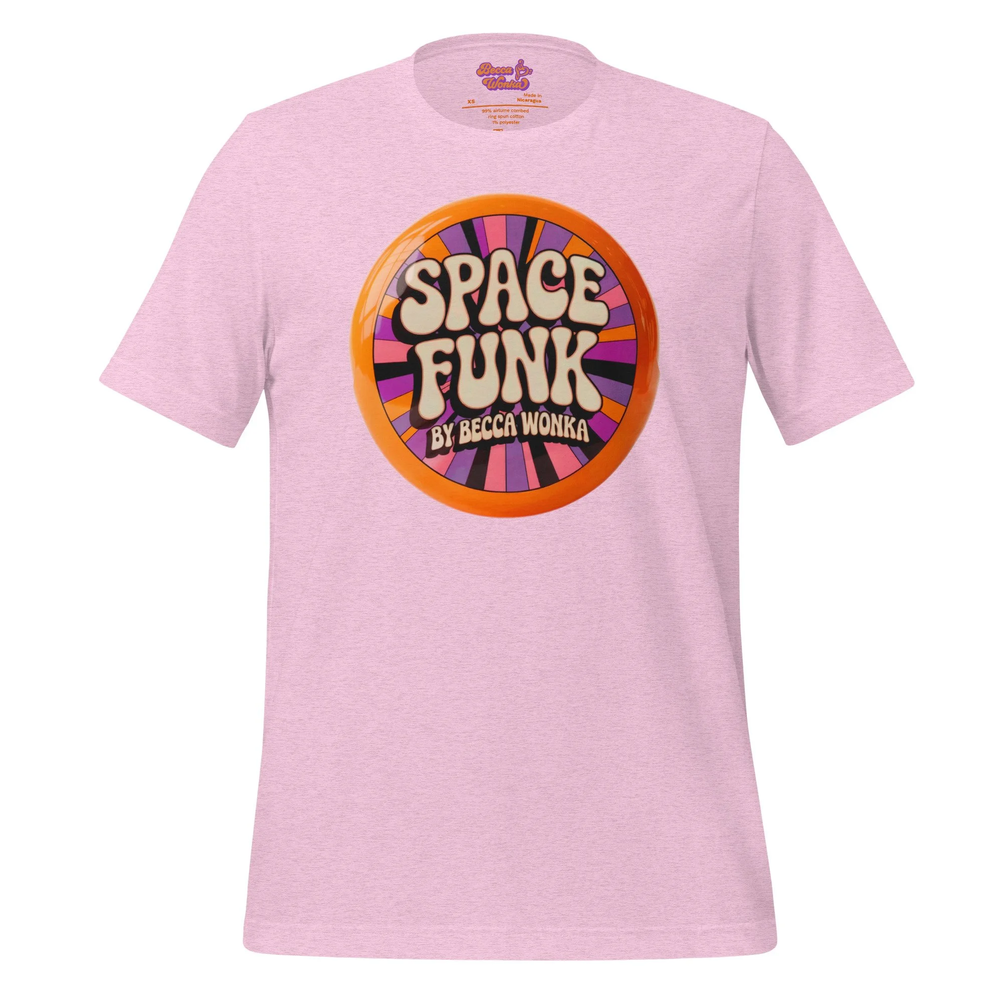 Space Funk by Becca Wonka Lavender Lilac Cotton T Shirt, cool 70s vintage button design