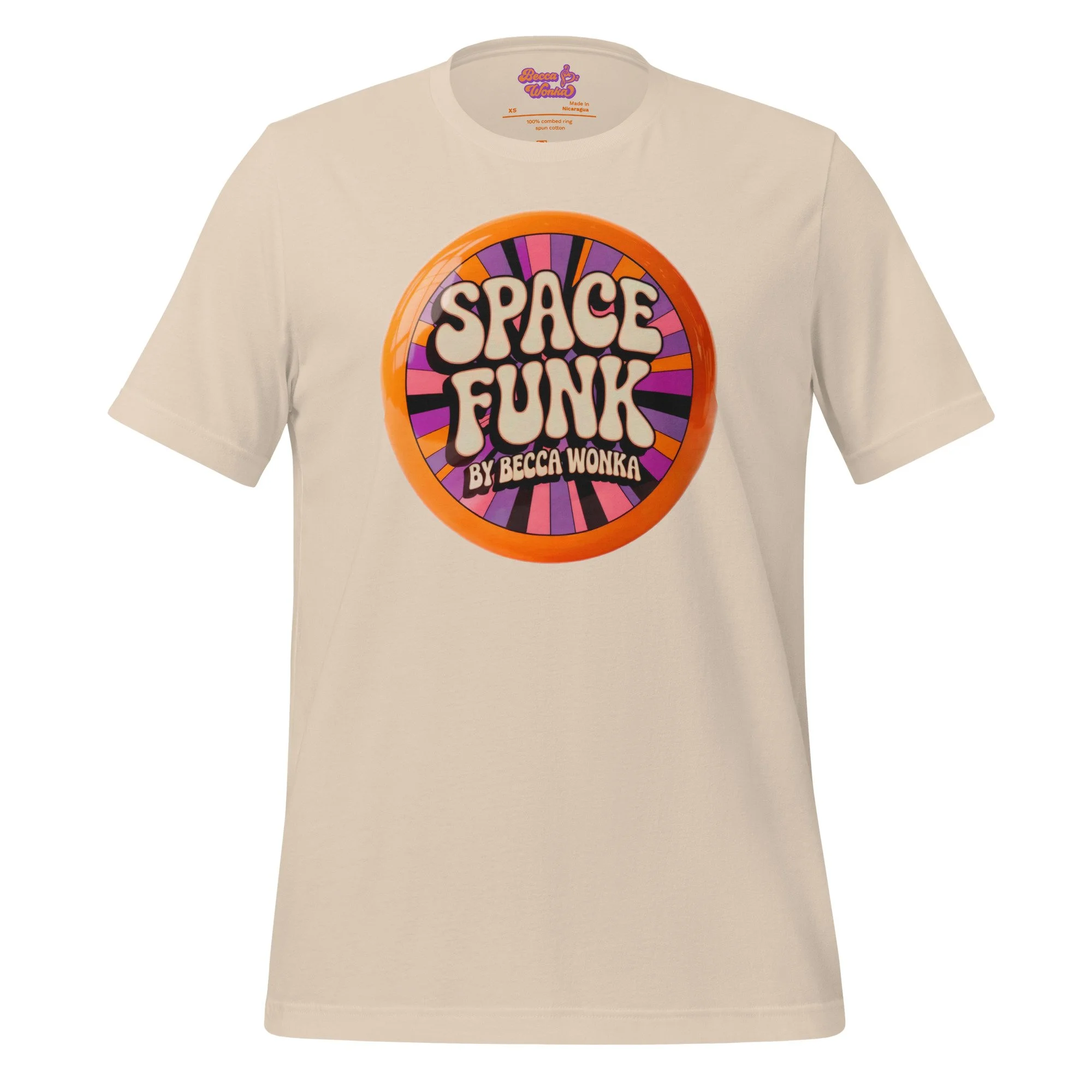 Space Funk by Becca Wonka Cream Cotton T Shirt, cool 70s vintage button design