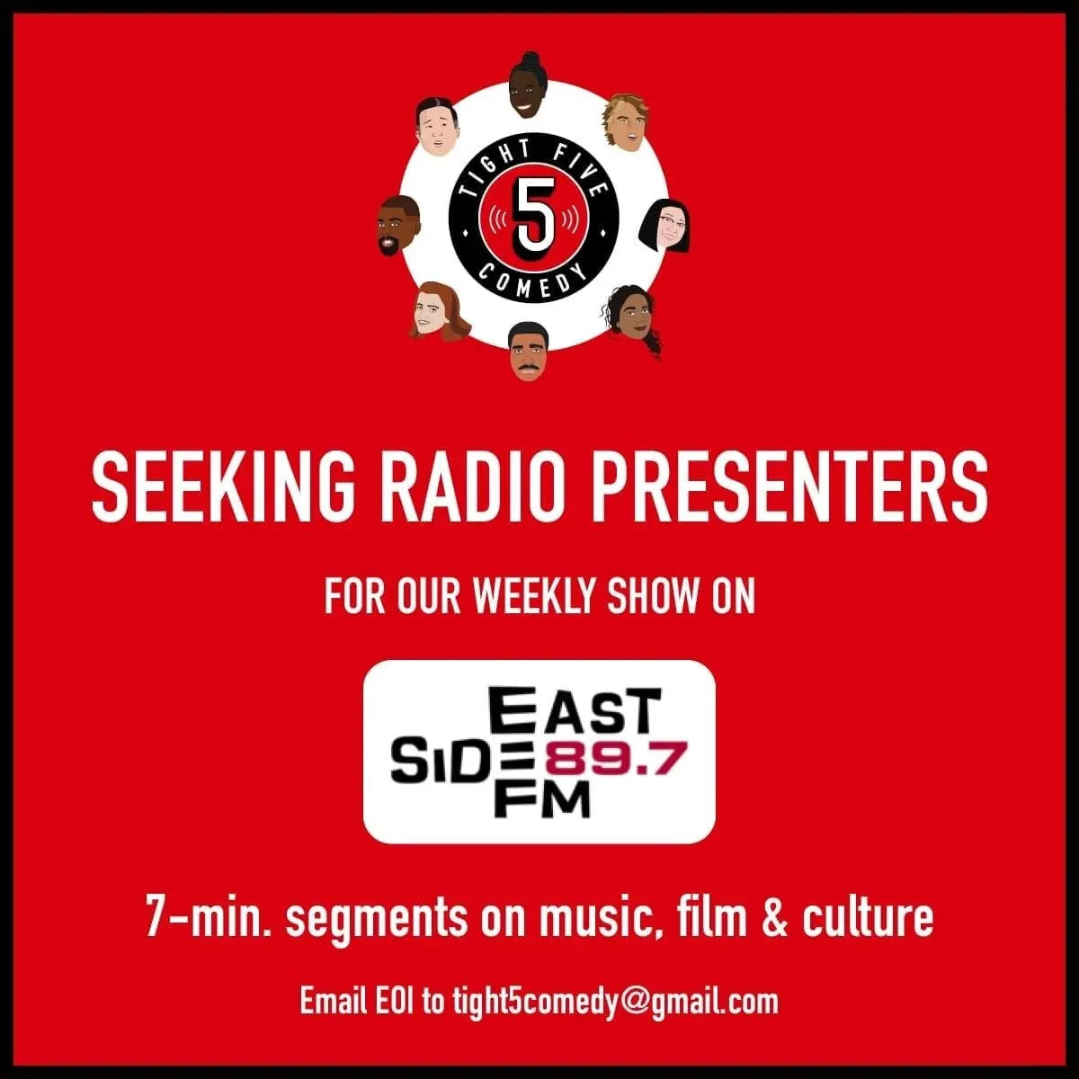 Got a pitch for a 7-minute #communityradio segment on film, TV, music, the arts or your industry? 

Email your fully developed ideas to tight5comedy@gmail.com to be considered for weekly and monthly presenting opportunities in-studio and via Zoom 🏳️