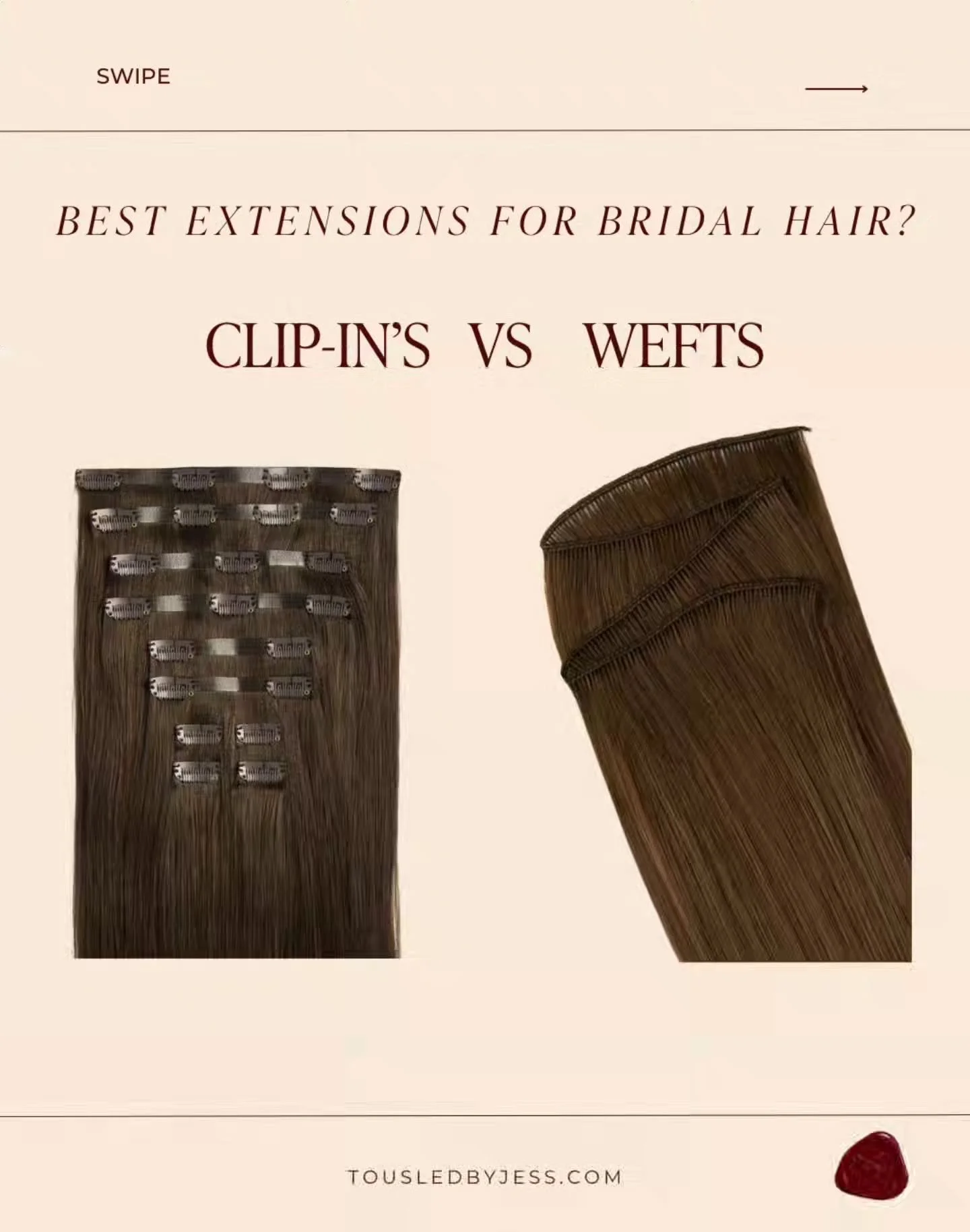 CLIP-IN's VS Hand Tied Wefts

Not all extensions perform the same on a wedding day.

For most bridal styles, clip-ins give us the most control, comfort, and seamless blending.

Wefts can get in the way of a style and can sometimes be hard to hide dep