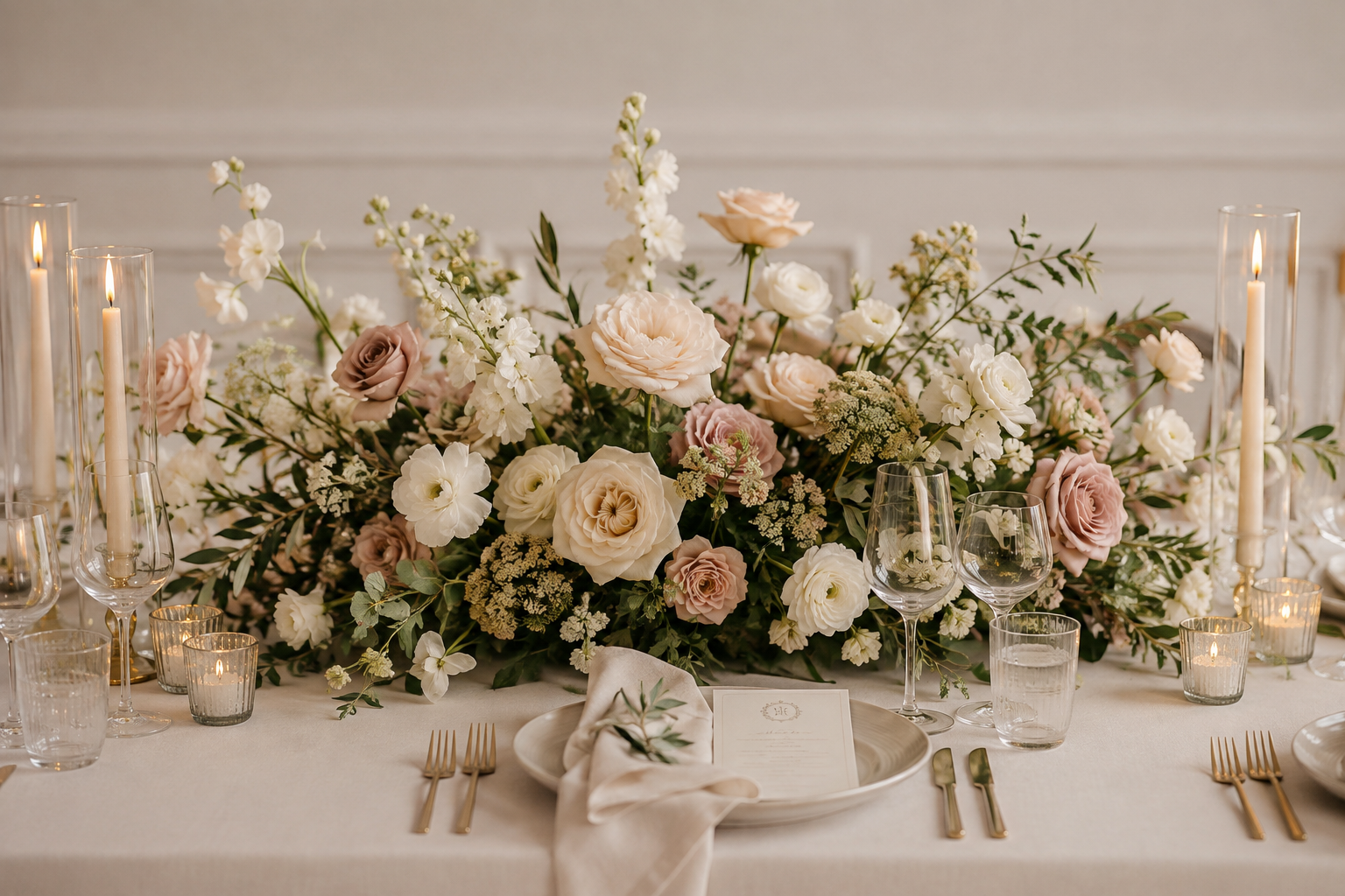 Elegant wedding table decor featuring a large flower arrangement with white, blush, and lavender roses, and white other flowers, surrounded by candles and gold cutlery on a white tablecloth.