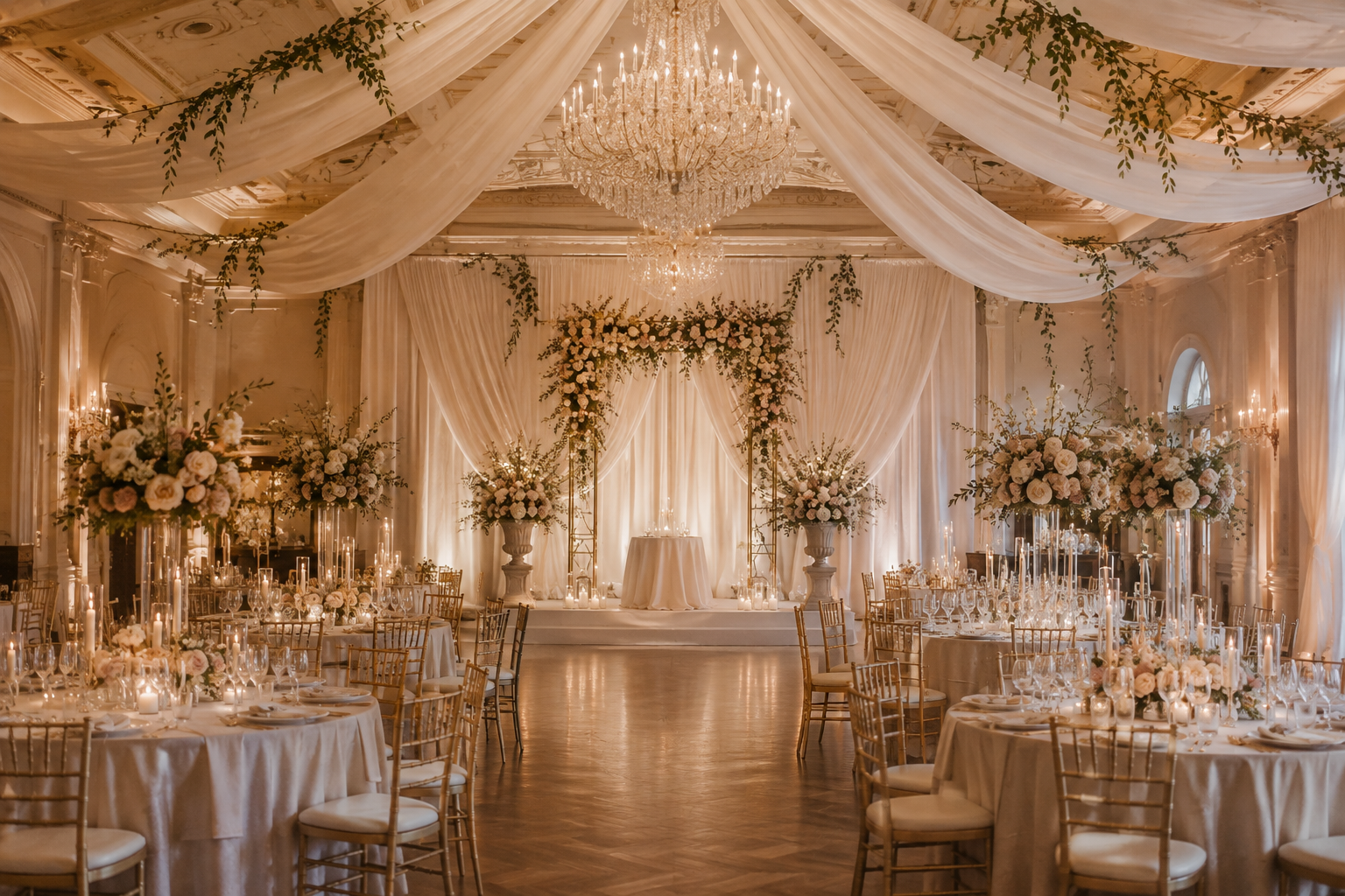 Elegant wedding reception hall decorated with draped white curtains, chandeliers, and large floral arrangements on tables. A decorated arch is at the front with candles and flowers surrounding it.