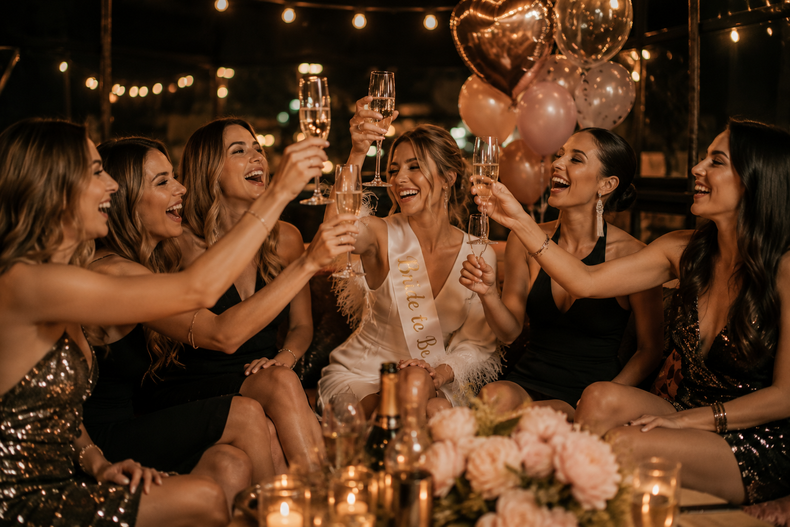 A group of women celebrating at a bachelorette party, raising glasses of champagne and smiling, with balloons and candles in the background.
