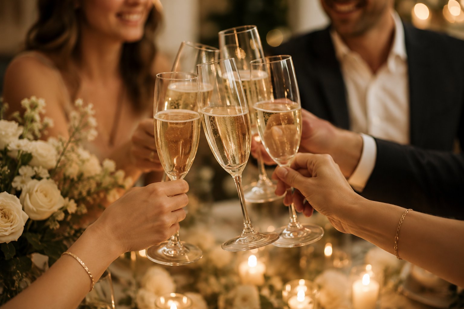 People celebrating with champagne glasses clinking at a festive gathering.
