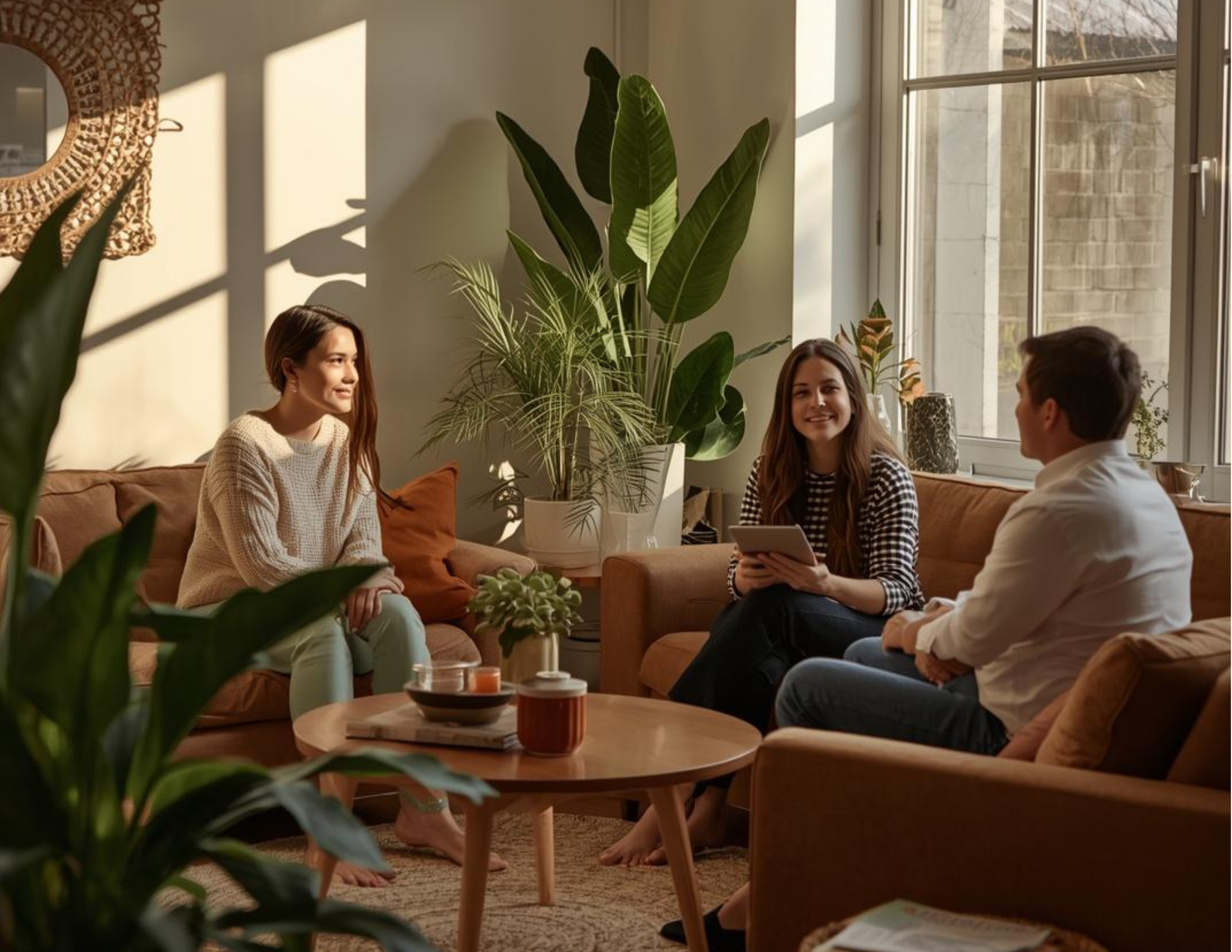 A divorced couple sits across from one another in a therapy office while a female therapist sits in between and conducts therapy