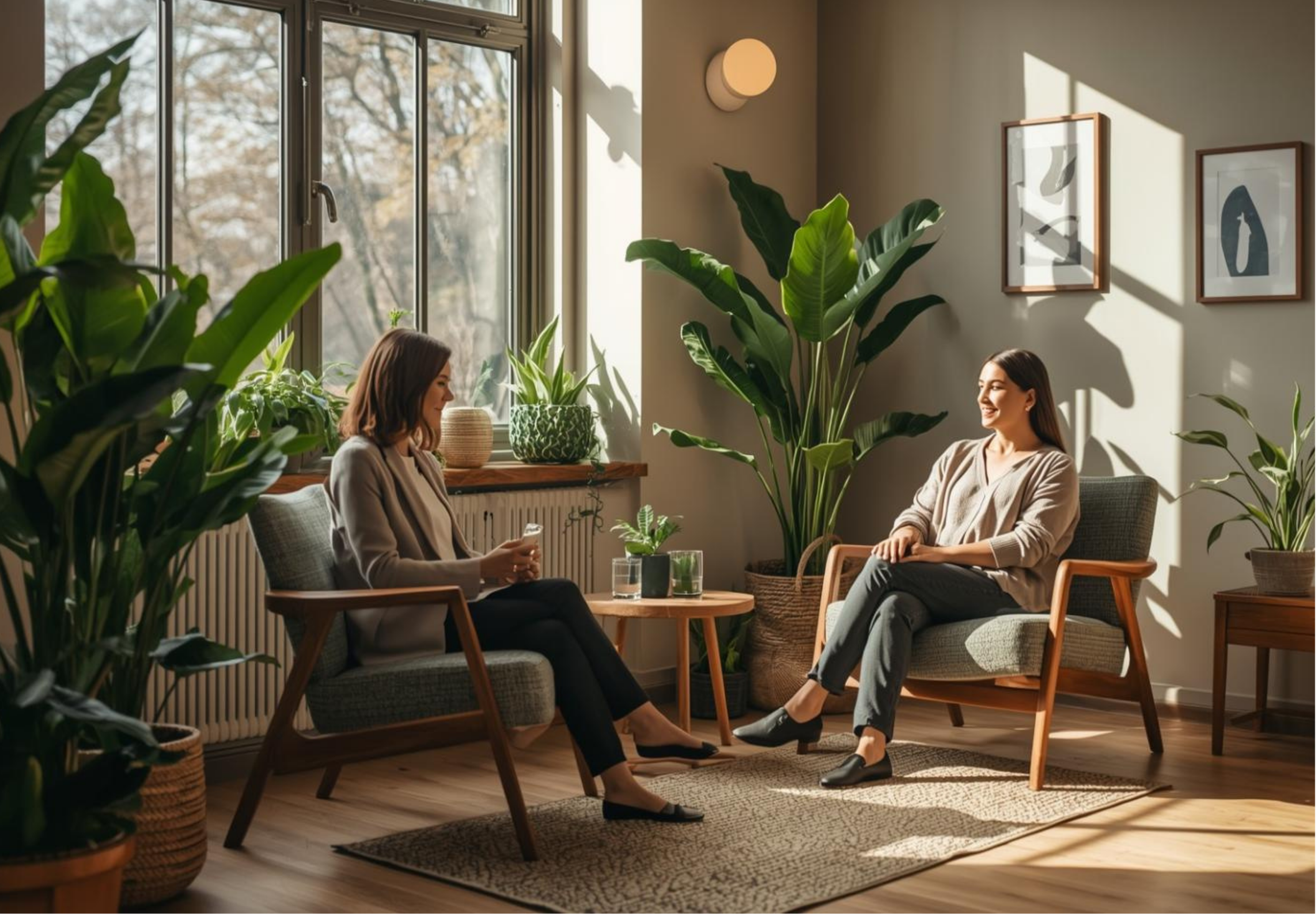 A female ADHD therapist at Tangible Therapy in Orem, Utah sits across from a female client sitting in a well lit room surrounded by plants.