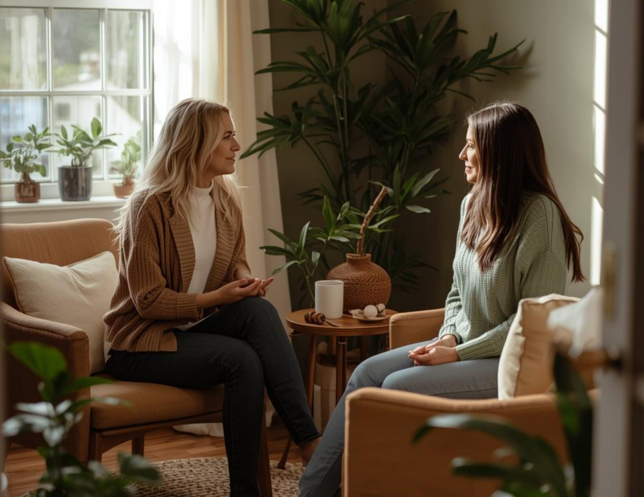 A female therapist does counseling with a woman at Tangible Therapy in Orem Utah. The woman sits on a couch surrounded by plants.