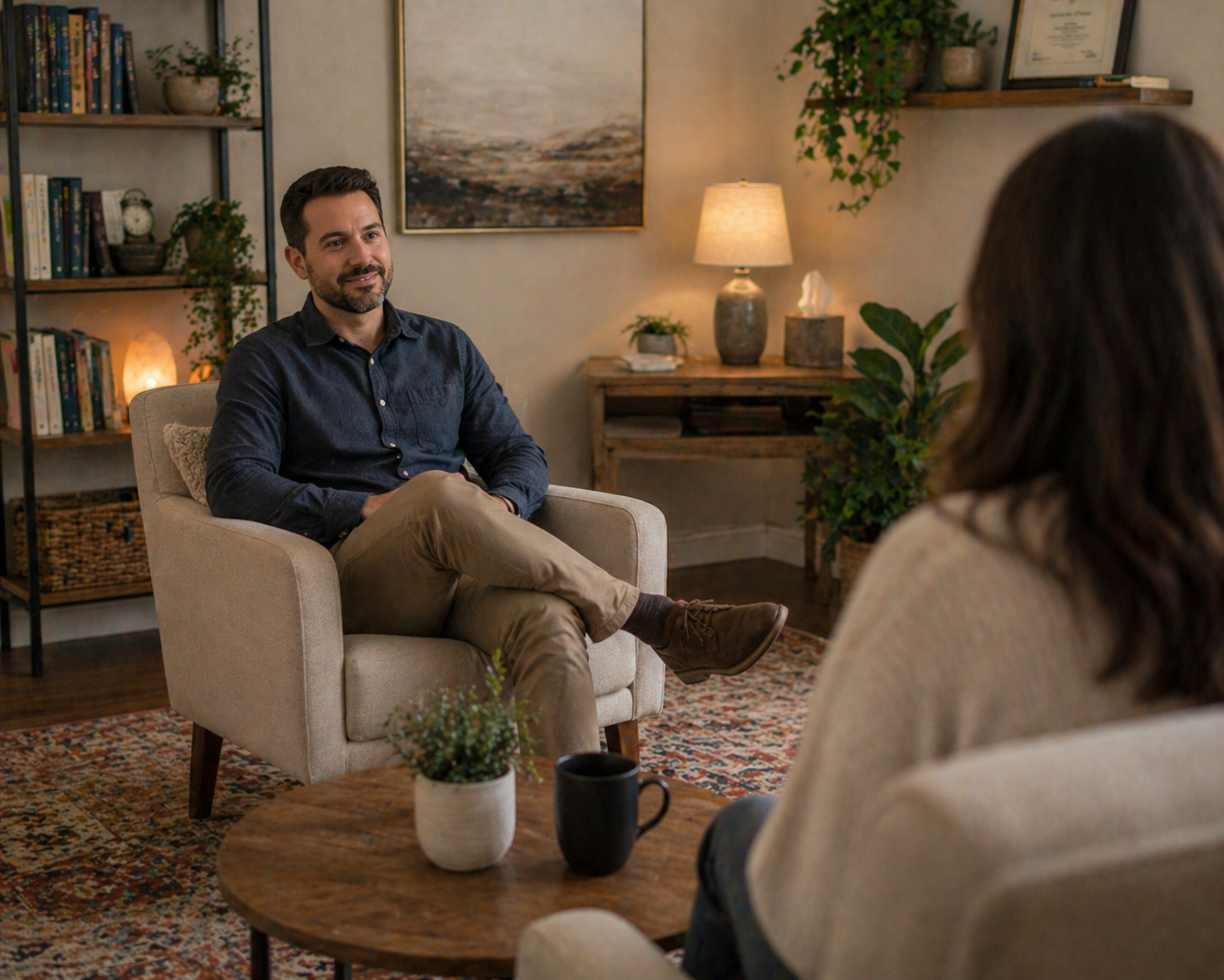 Male therapist sits in a beige chair in a warmly lit therapy office at Tangible Therapy while conducting an EMDR therapy session with his client.