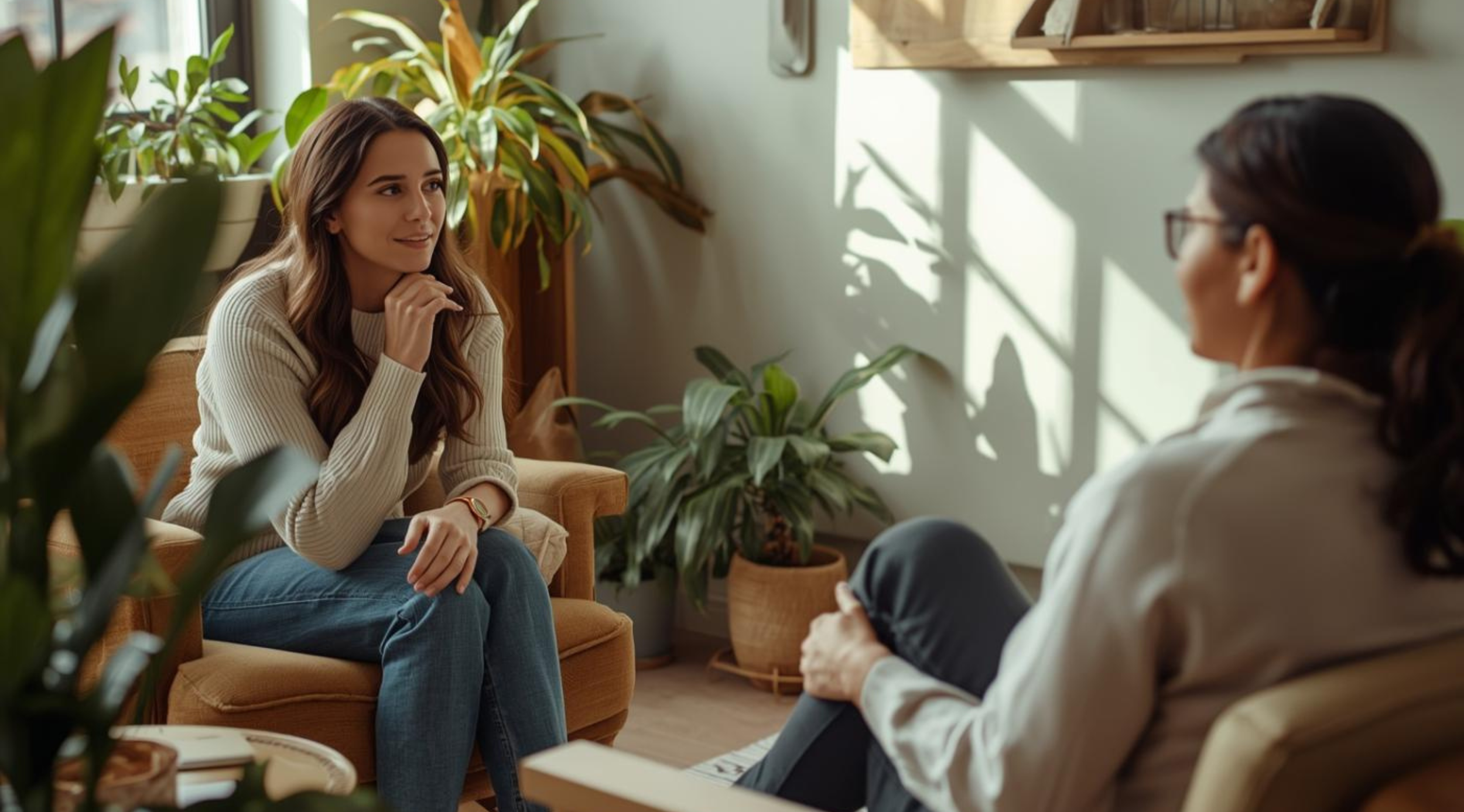 A female client sits across from a therapist in a Tangible Therapy office that is warmly lit surrounded by plants while the therapist conducts EMDR therapy