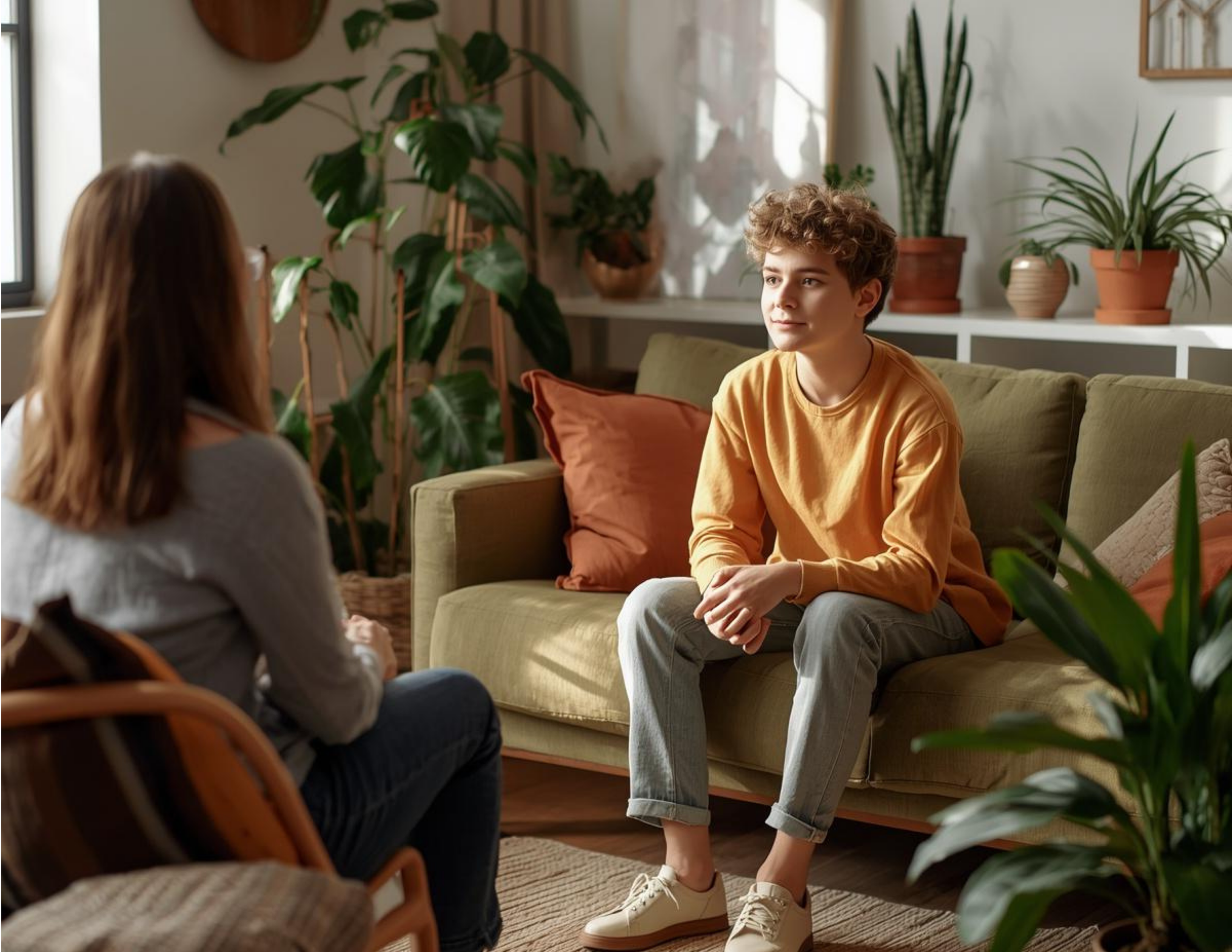 A teen boy sits across from a therapist in a therapy office in Utah surrounded by plants
