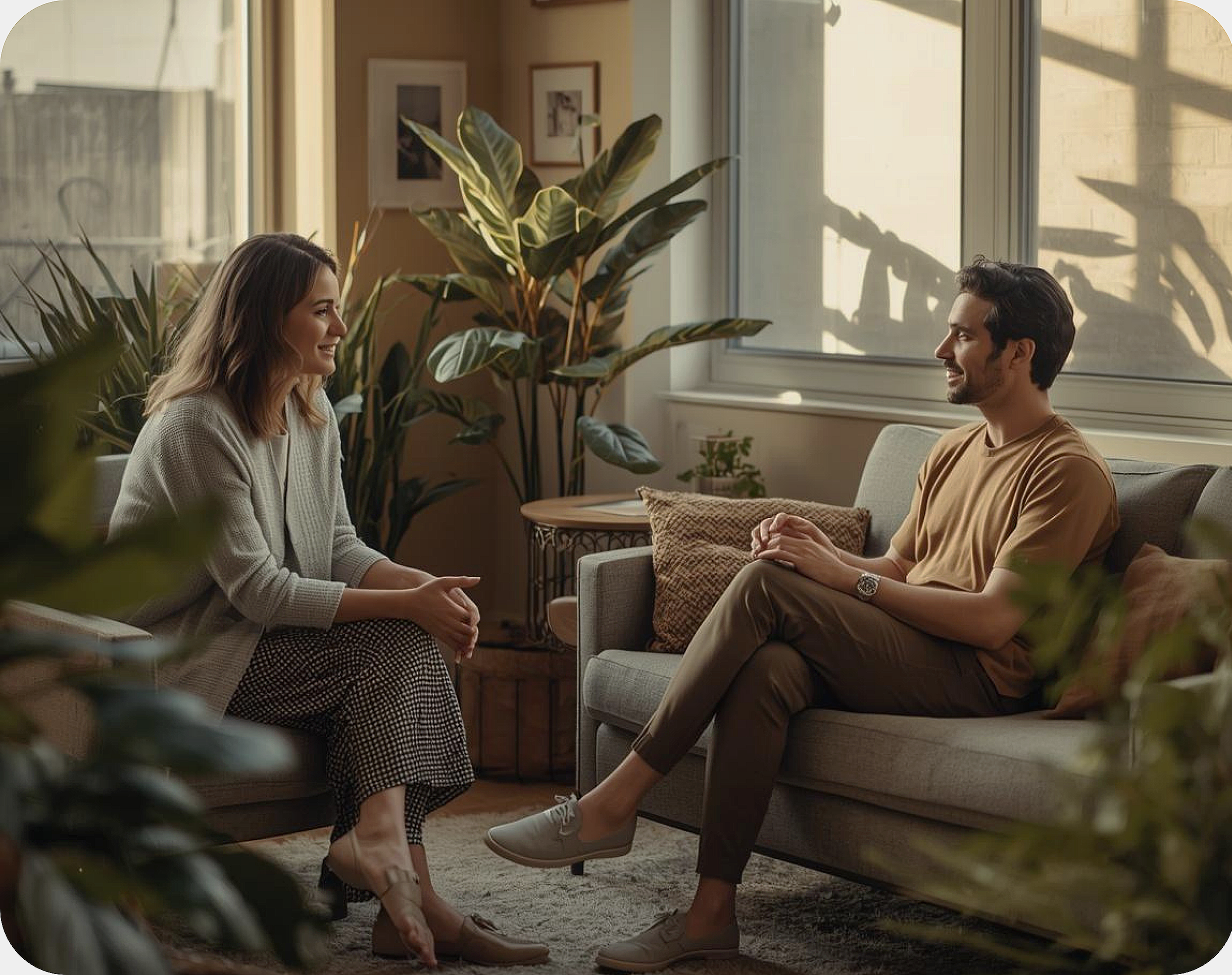 Female therapist meets with a man doing counseling, sitting on a couch in a warm tone room with plants.