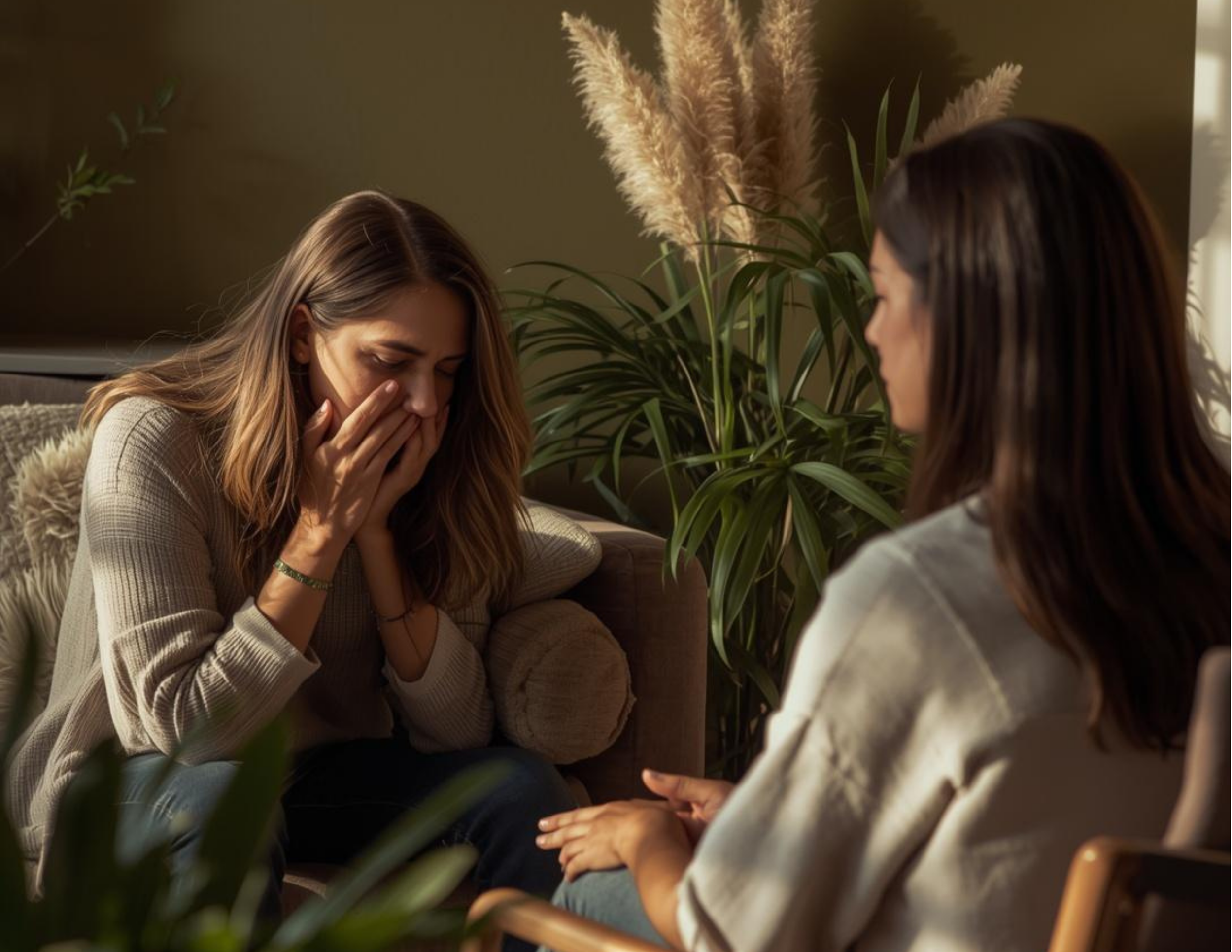 woman in grief sits across from a therapist in a warmly lit therapy office while conducting grief counseling
