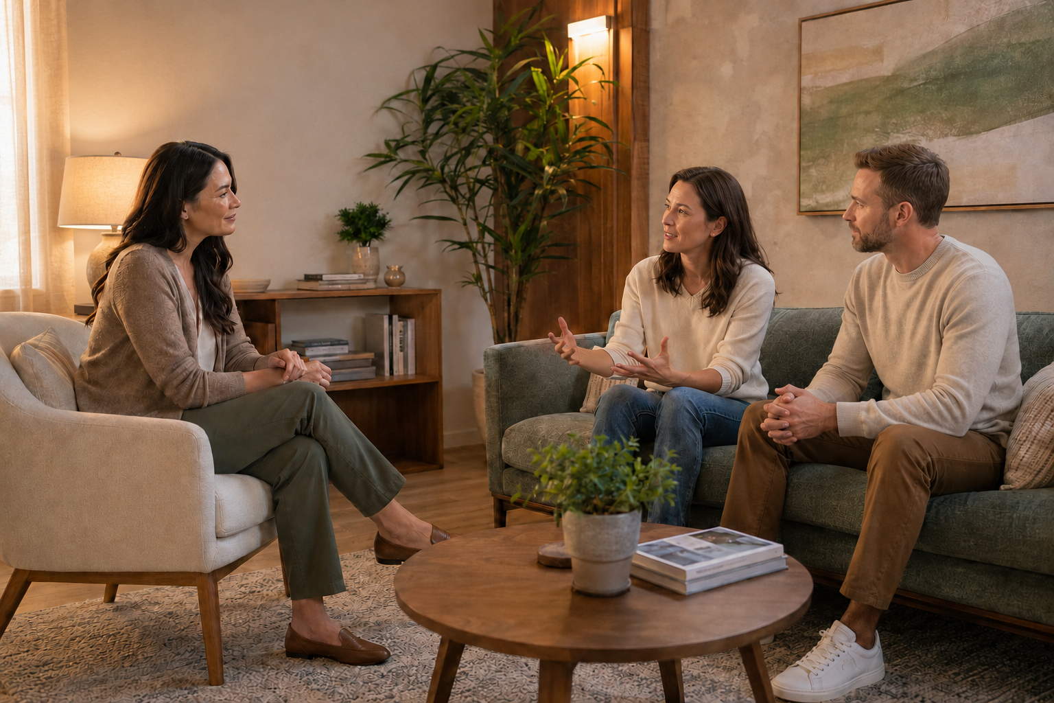 A marriage therapist at Tangible Therapy in Orem, Utah sits across from a couple in a warmly lit office