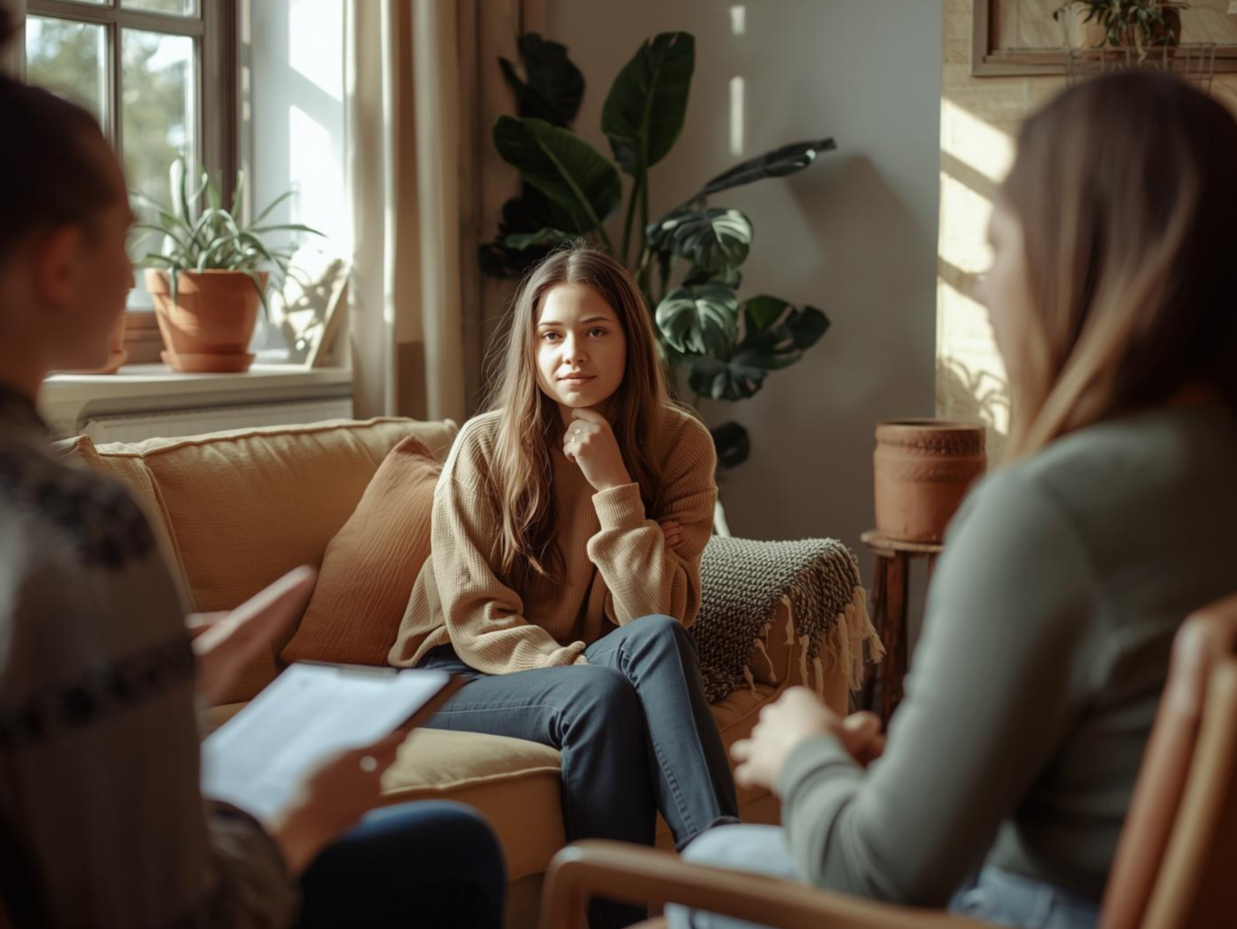 A teen girl in a brown shirt sits on a couch across from a therapist and her parent in a Tangible therapy office in Provo, Utah with plants in the background