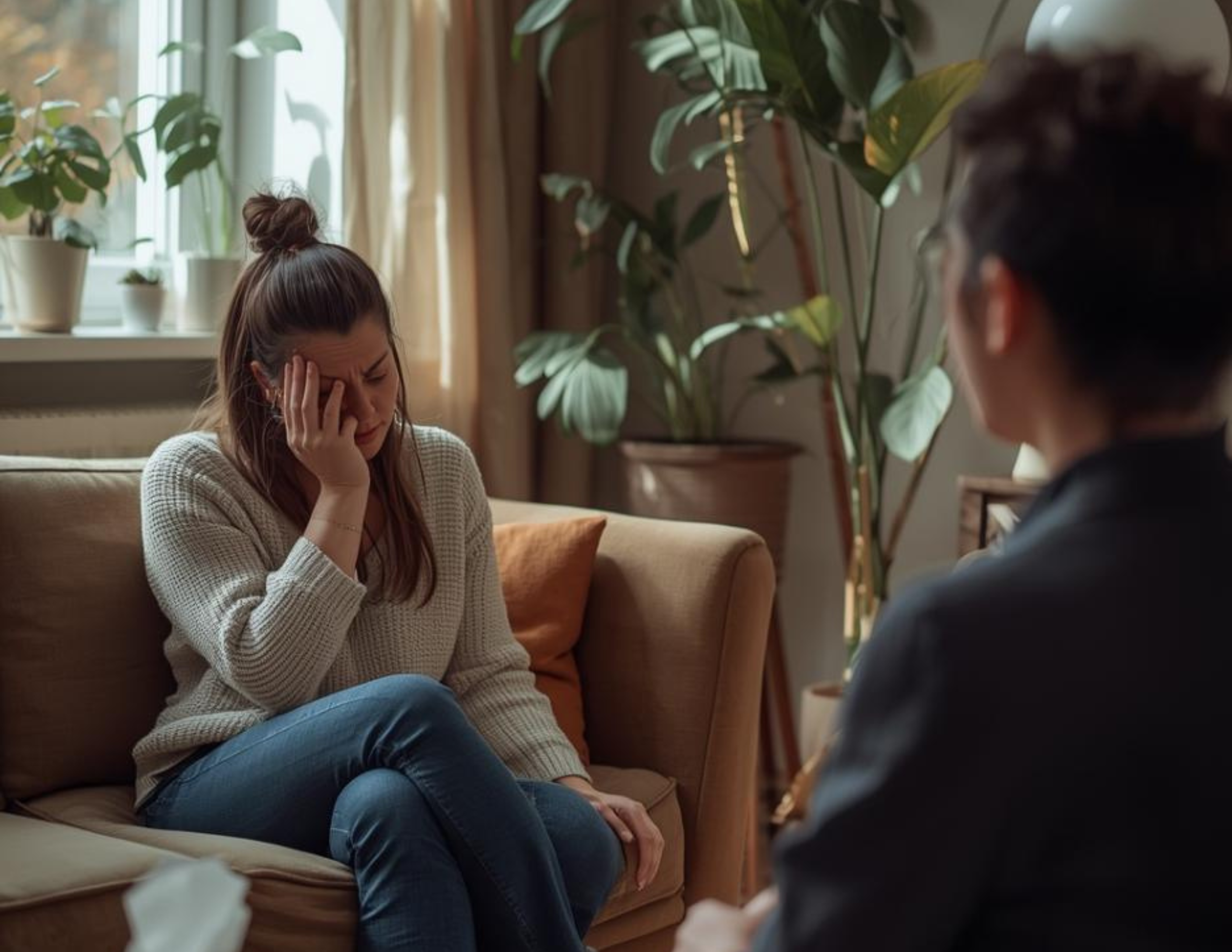 woman in grief sits across from a male therapist in a warmly lit therapy office while conducting grief counseling at Tangible Therapy in Provo Utah