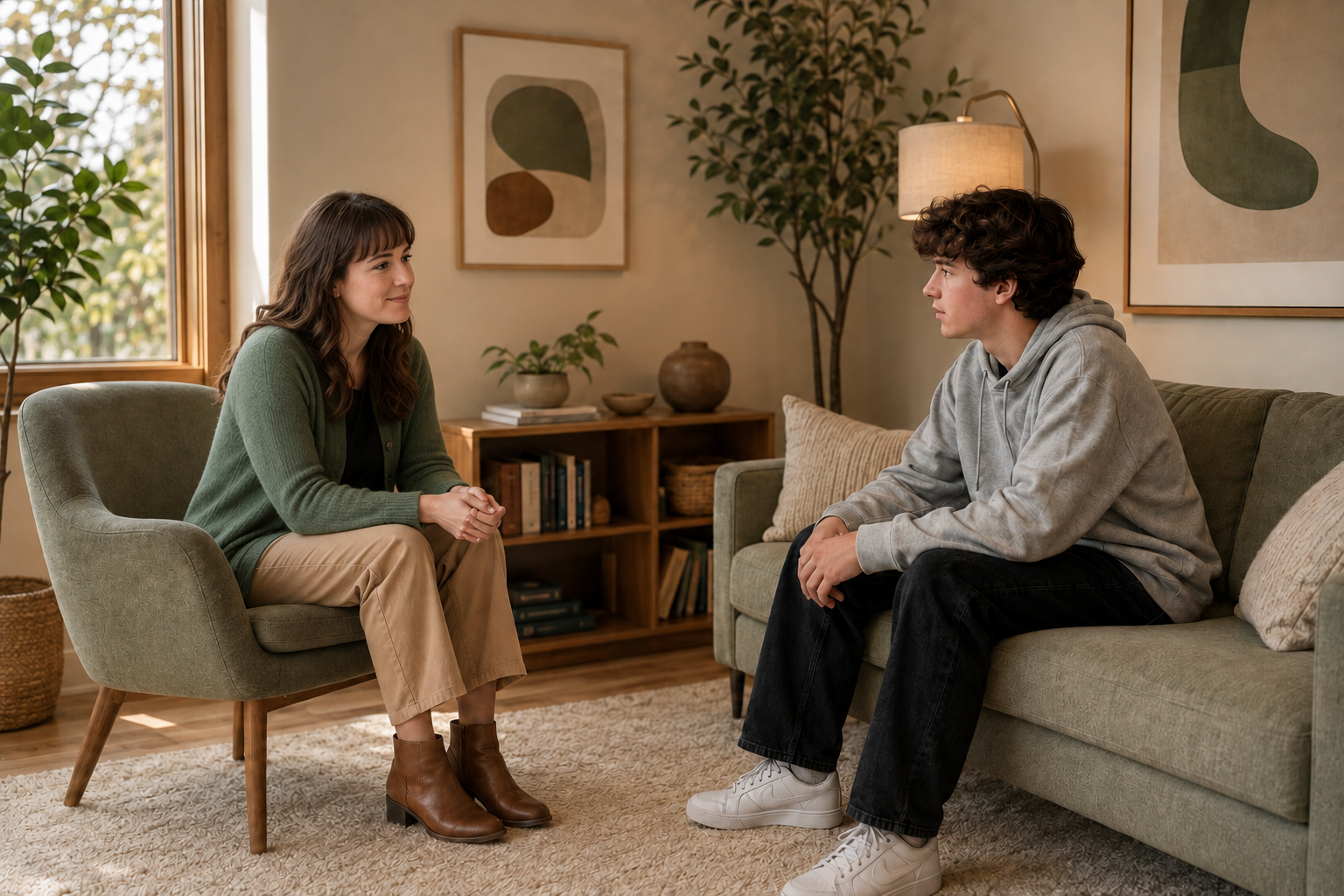 A Teen Counselor at Tangible Therapy in Orem sits across from a teen client