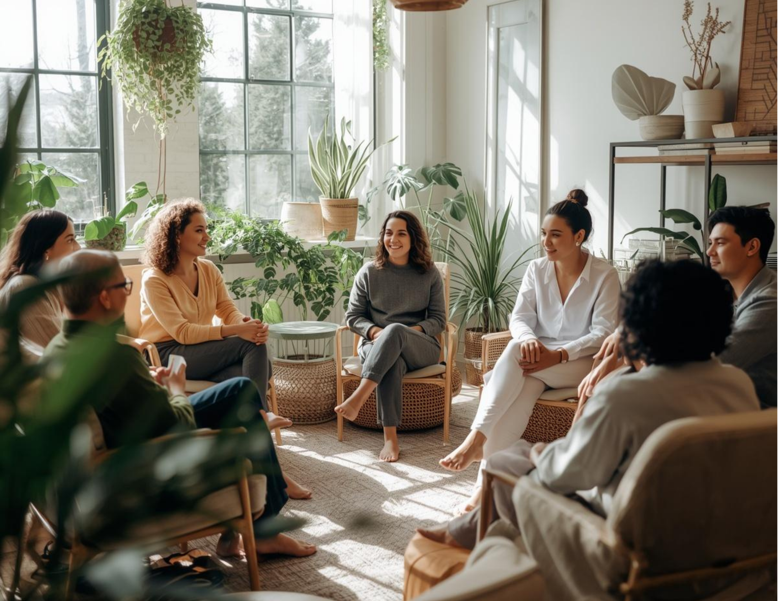 A group of young people sit in a circle in a brightly lit room for a group therapy session at Tangible Therapy.