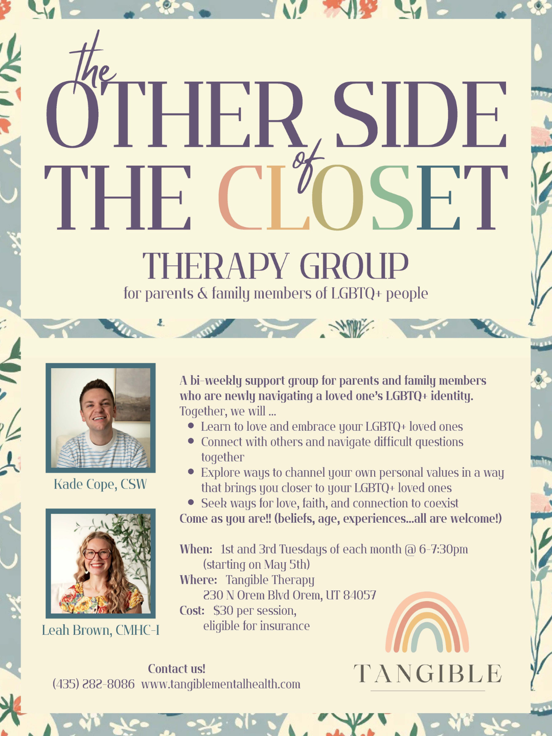A poster for a therapy group titled "the other side of the closet". A therapy group for parents and family members of LGBTQ+ people. The poster is colorful and shows two therapists Kade Cope and Leah Brown of Tangible Therapy.
