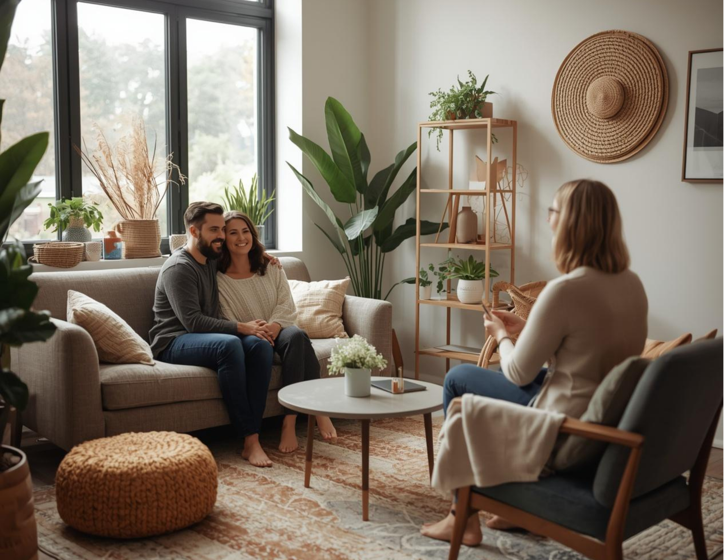 A family sits in a brightly lit therapy office at Tangible Therapy while a therapist conducts a family therapy session.