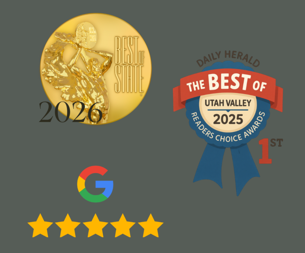 An image depicting Tangible Therapy's Best of state award, their best of utah County award and their top-rated google reviews in utah symbol.